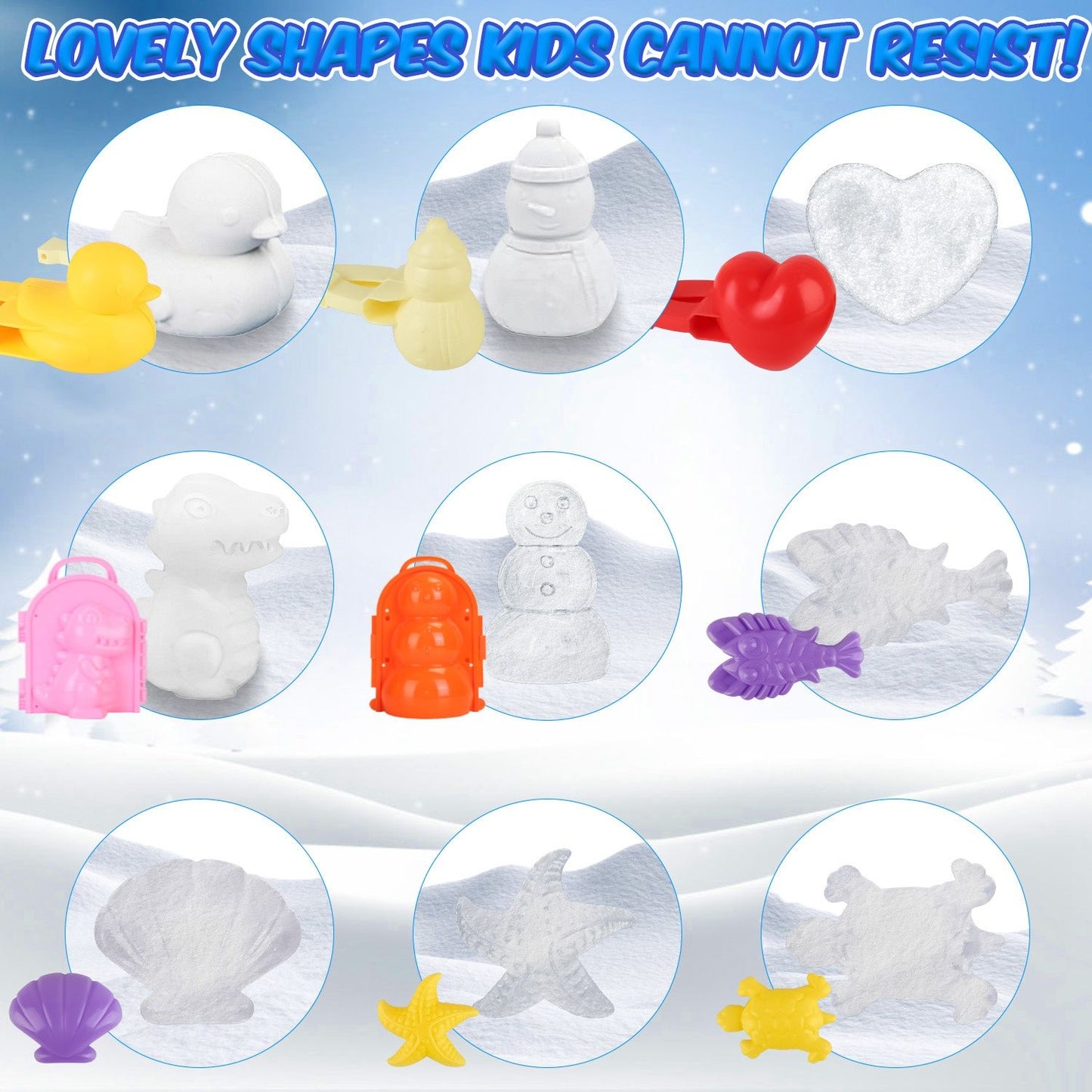 Colorful kids' sand molds featuring fun shapes like a duck, snowman, dinosaur, heart, fish, starfish, and shell, ideal for imaginative play and sensory experiences.