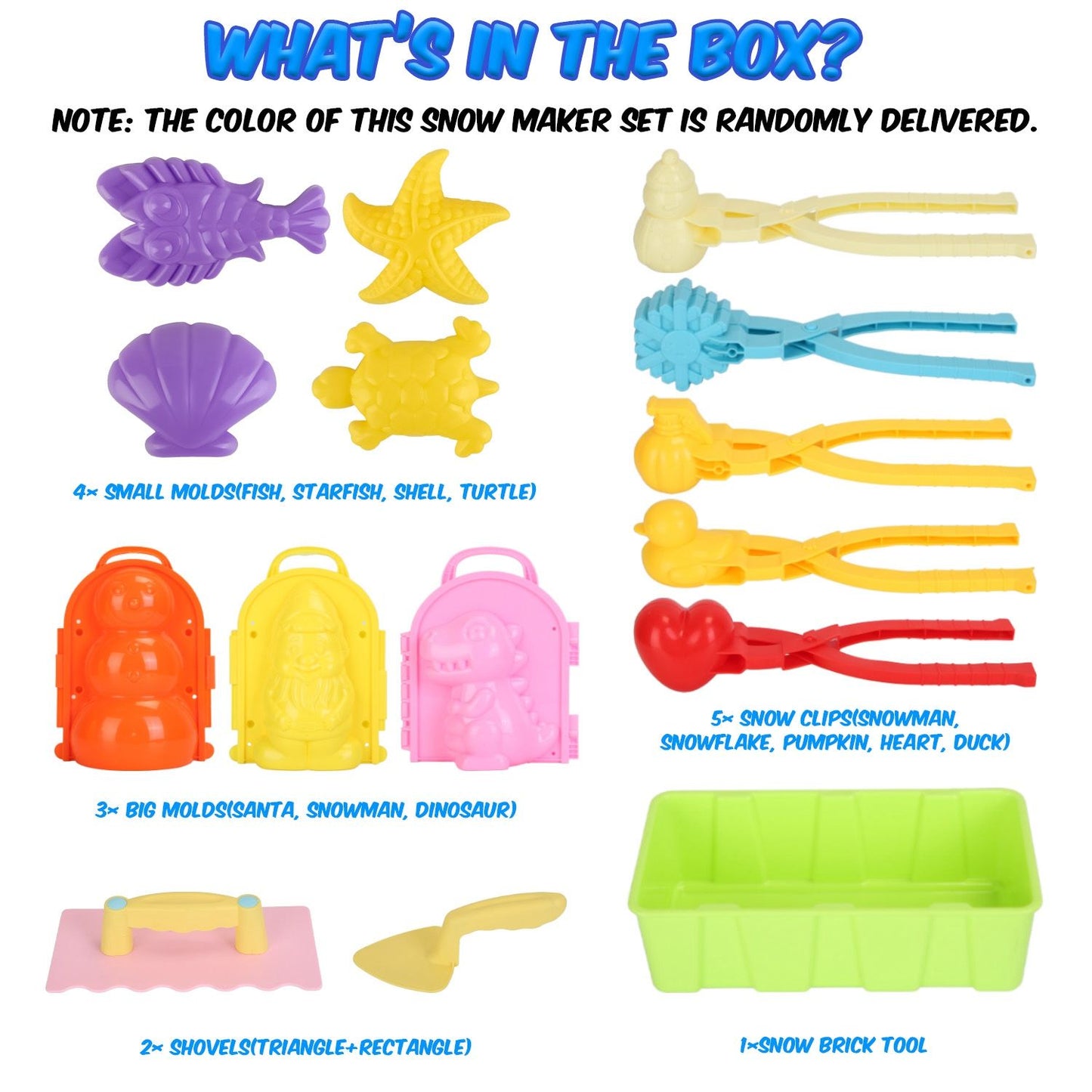 Colorful snow maker set featuring various molds and tools, including small fish, starfish, shell, turtle, and larger molds of Santa, snowman, and dinosaur, along with snow clip shapes like a snowman, snowflake, pumpkin, heart, and duck, and shovel accessories for creative winter fun.