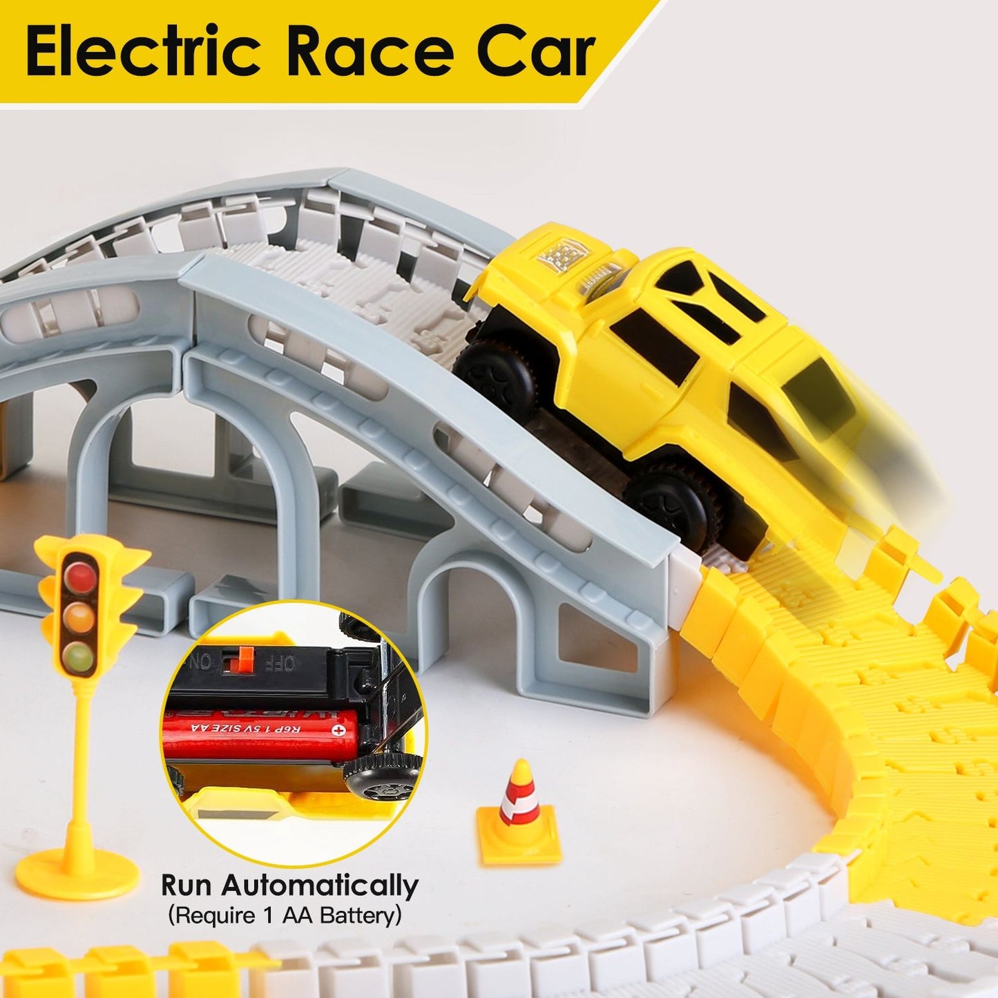 Electric race car climbing a curved track with a yellow traffic light and construction cone, showcasing automatic operation requiring one AA battery.
