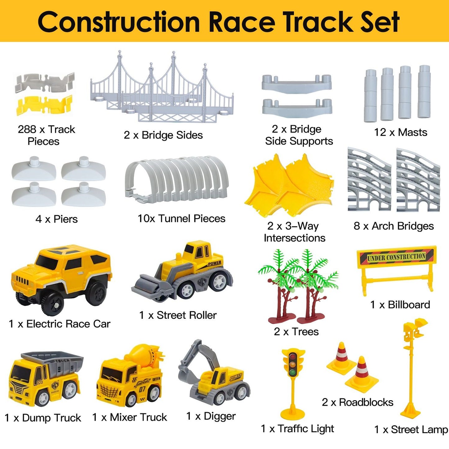Construction race track set including 288 track pieces, vehicles like electric race car and dump truck, bridge components, trees, roadblocks, and accessories for creative play.