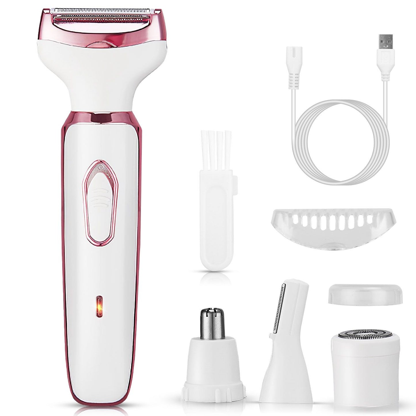 Electric grooming razor kit featuring a sleek white and rose gold design, includes USB charging cable, cleaning brush, interchangeable attachments for nose, eyebrow, and body hair trimming.