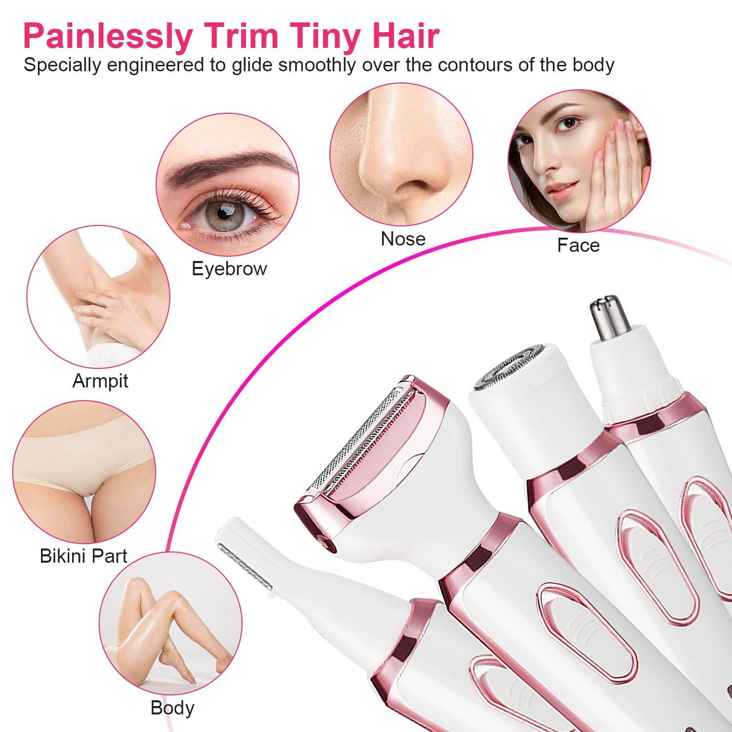 Painless hair removal trimmer with multiple attachments for eyebrows, nose, armpits, bikini area, and body, designed for smooth contouring and effective grooming.