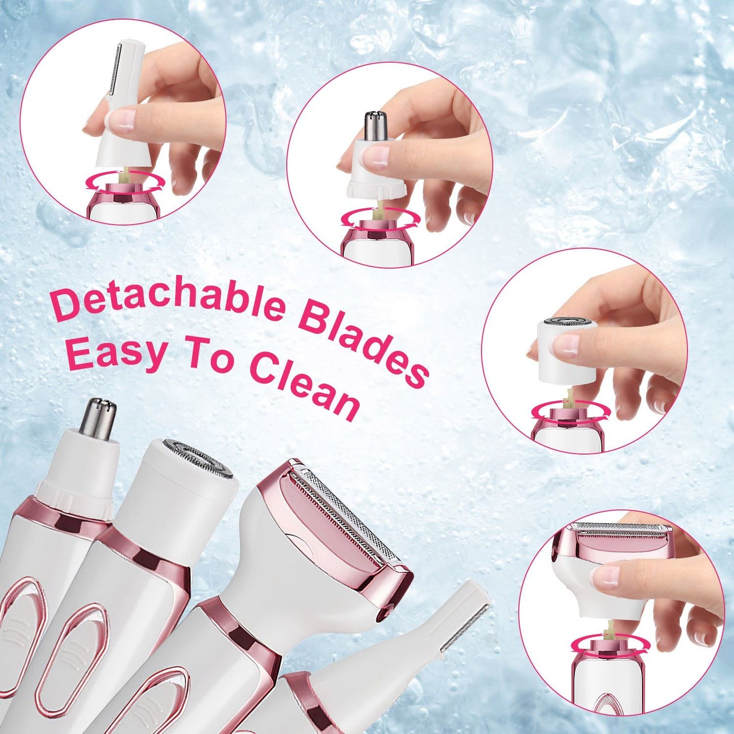 Close-up image of a women's grooming tool featuring detachable blades for easy cleaning, with hands demonstrating the blade removal process against a refreshing water background.
