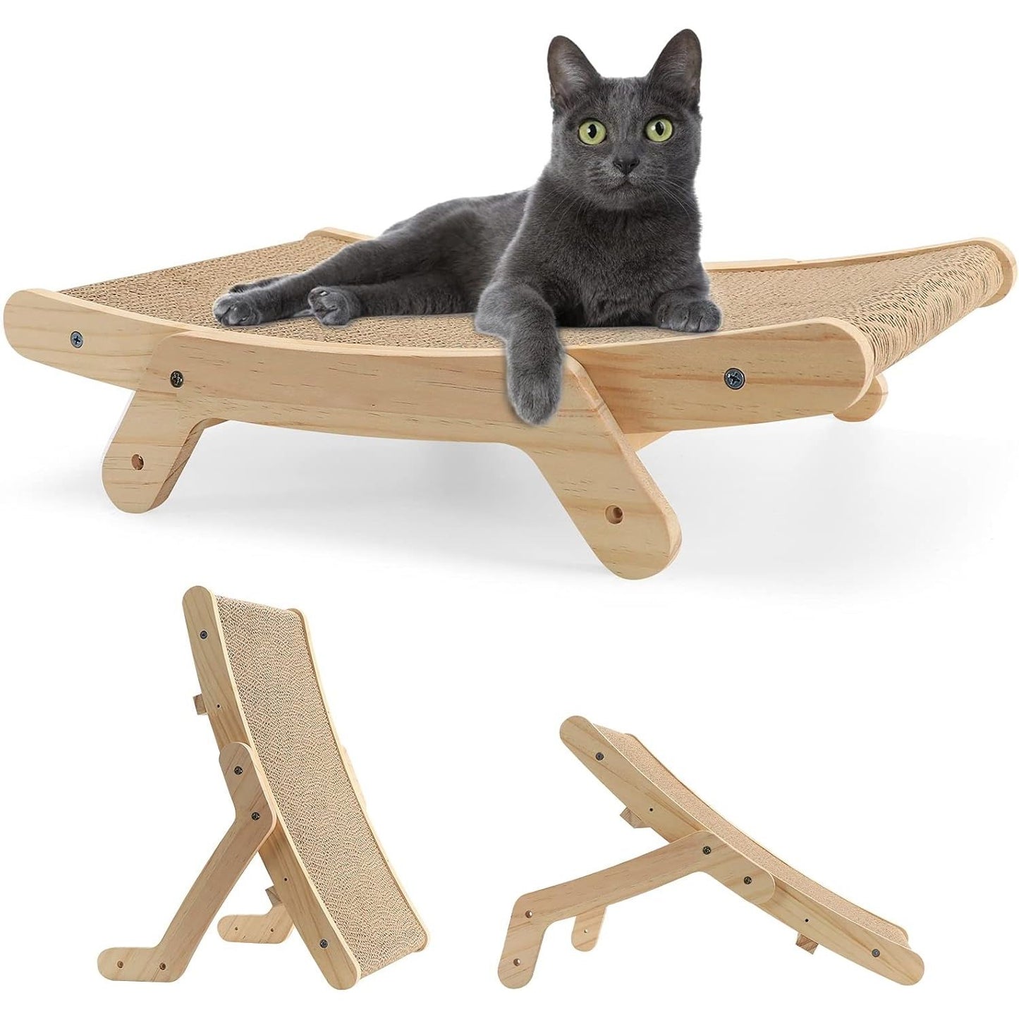 Stylish wooden cat scratcher with a lounging area, featuring a playful gray cat relaxing on the surface.