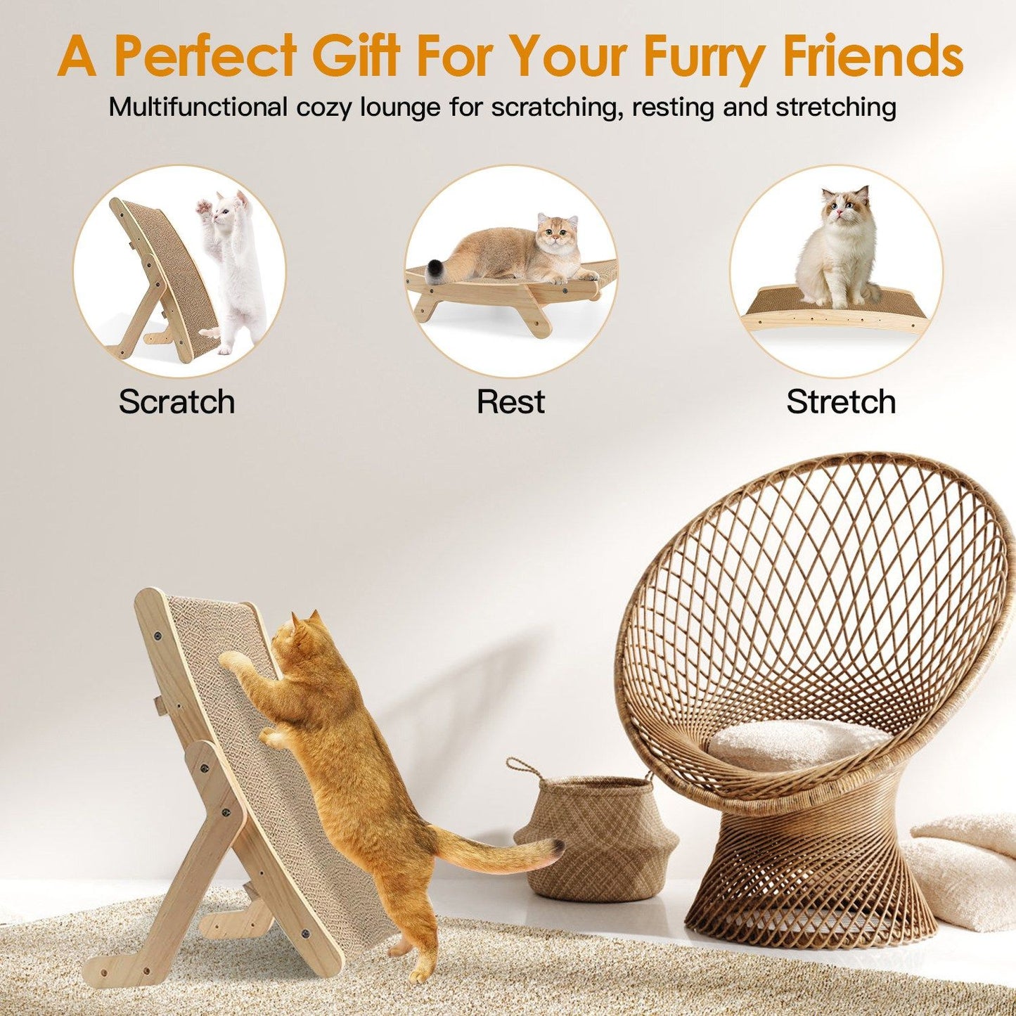 Cozy multifunctional cat lounge for scratching, resting, and stretching with a playful orange cat interacting with the scratching surface.