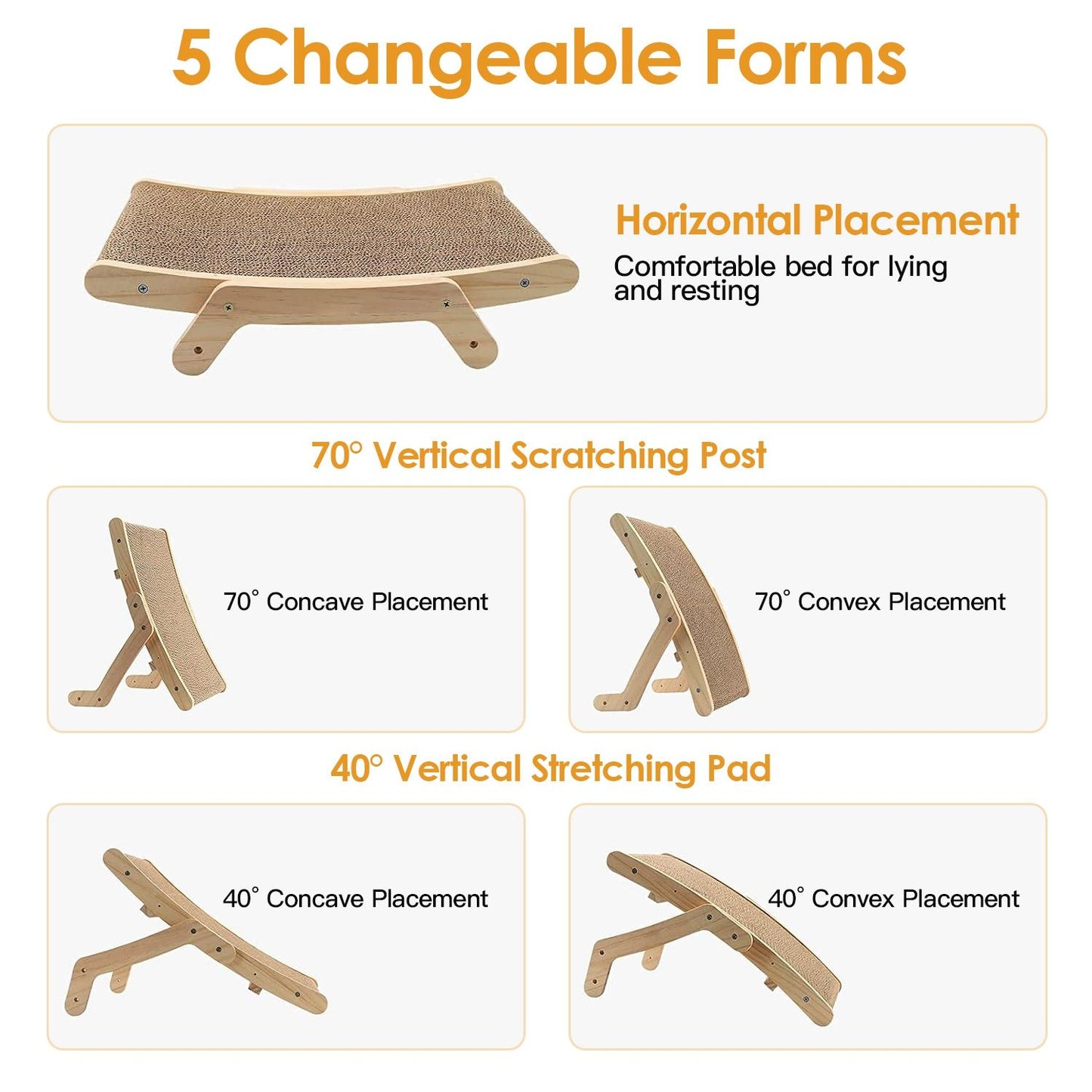 5-in-1 cat scratching and resting post featuring various adjustable placements: horizontal bed, 70° vertical scratching post (concave and convex), and 40° vertical stretching pad (concave and convex) for versatile use.