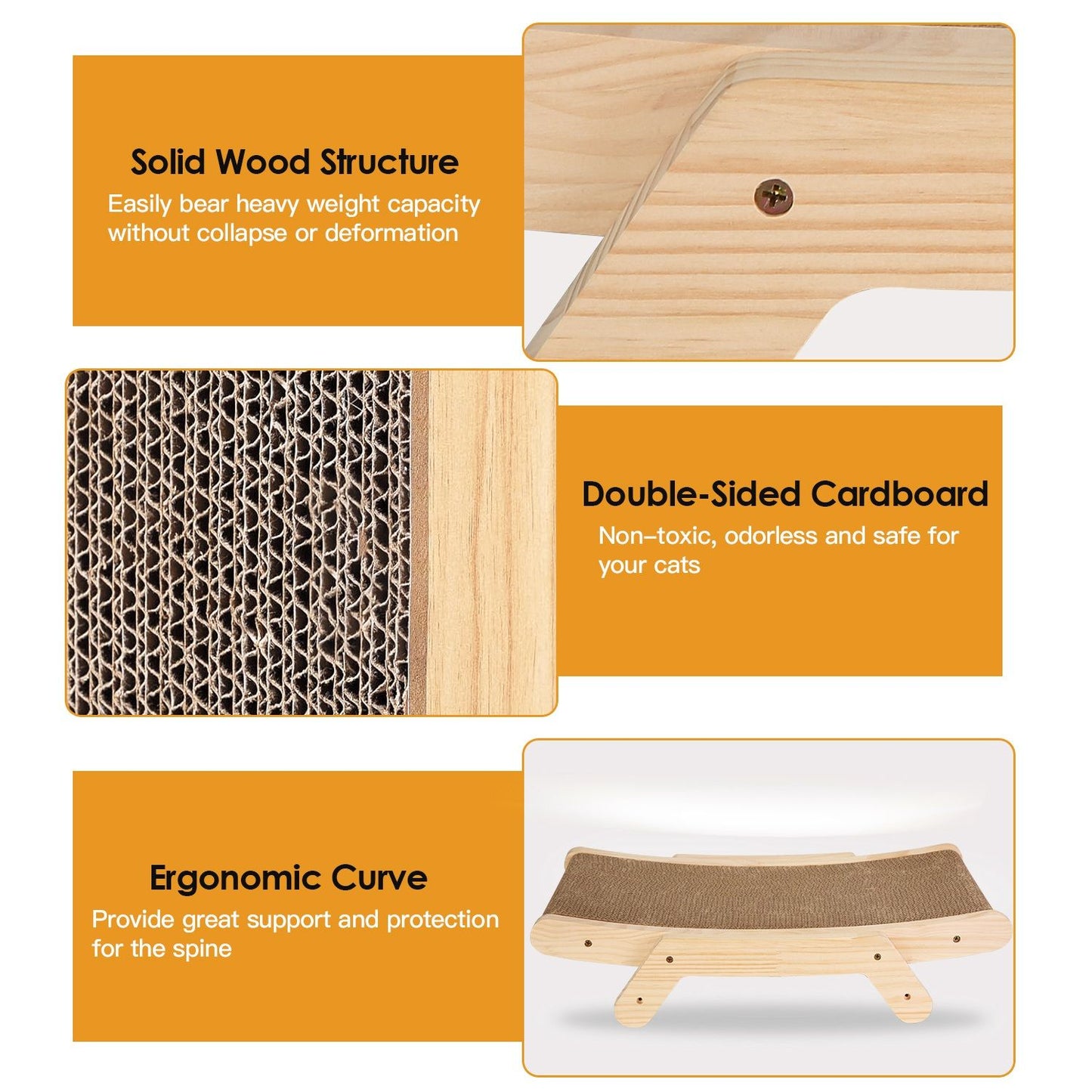 Cat scratching post featuring a solid wood structure for durability, double-sided cardboard for safe scratching, and an ergonomic curve to support your cat's spine.