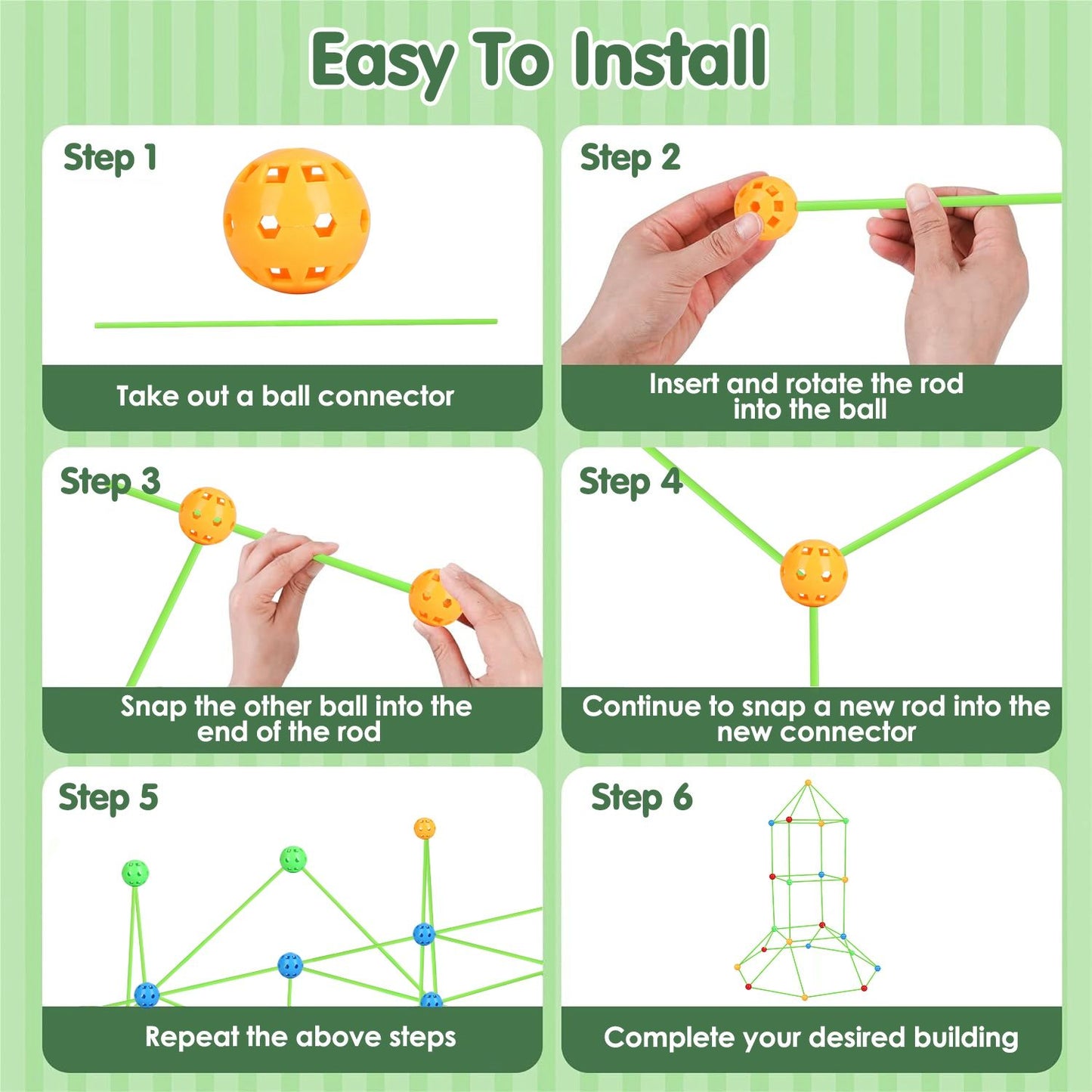 Illustration of the installation steps for a construction toy, featuring six steps with colorful ball connectors and green rods, guiding users on how to easily assemble different structures.