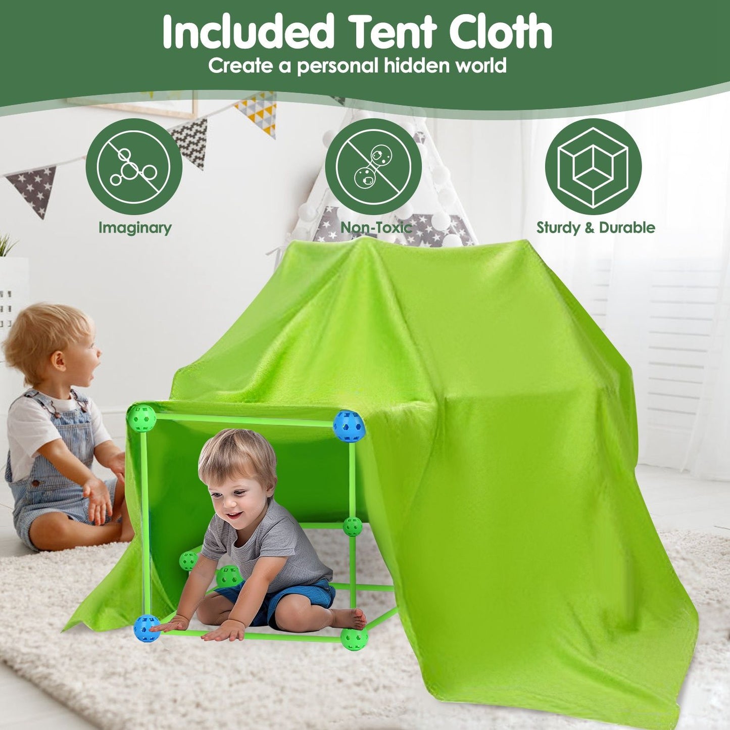 Children playing in a bright green tent made of fabric over a colorful frame, fostering imagination and creativity in a safe, non-toxic environment.