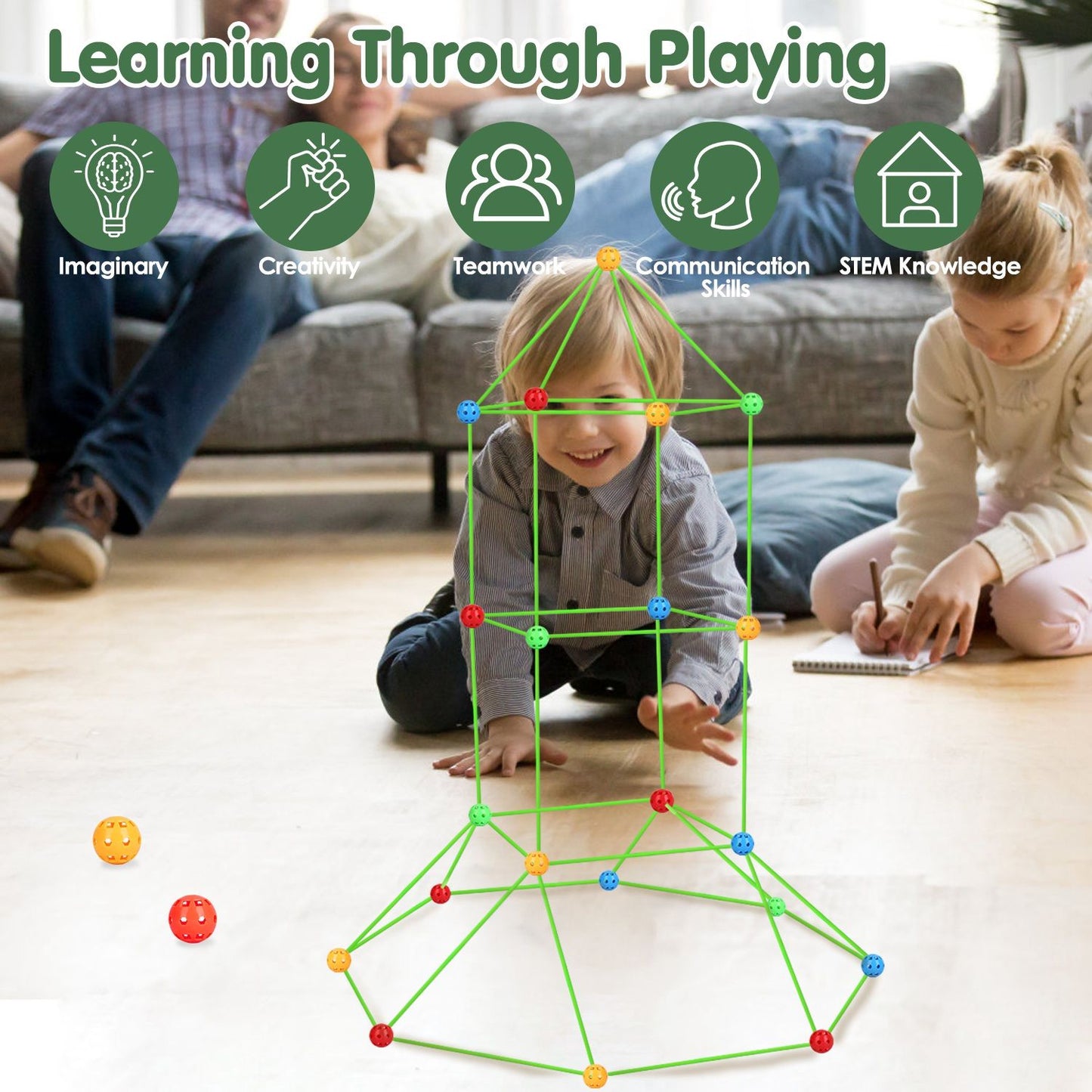 Children engaging in STEM play with colorful building sticks and balls, fostering teamwork, creativity, and communication skills in a family-friendly environment.