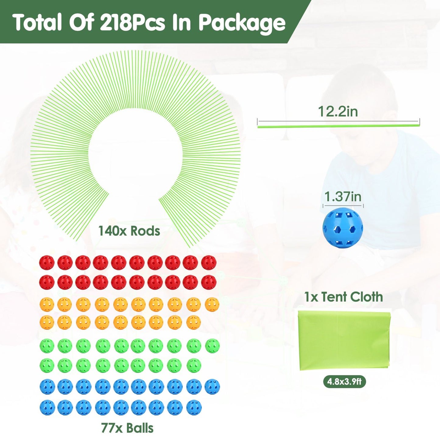 Colorful construction toy set packaging featuring 140 green rods and 77 multi-colored balls, including red, blue, yellow, green, and orange, with dimensions and total count of 218 pieces displayed.