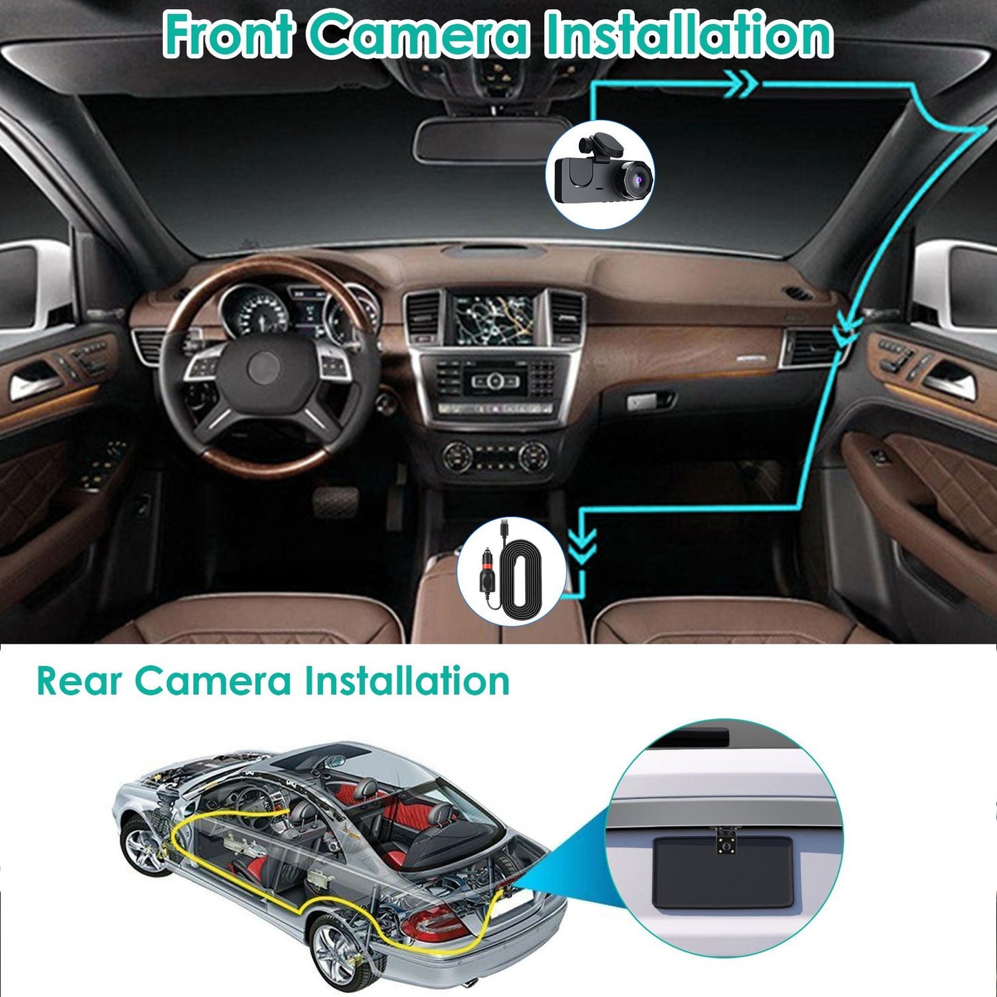 Detailed diagram illustrating the installation process for a front and rear dash camera in a car, highlighting the optimal placement and connections for both cameras.