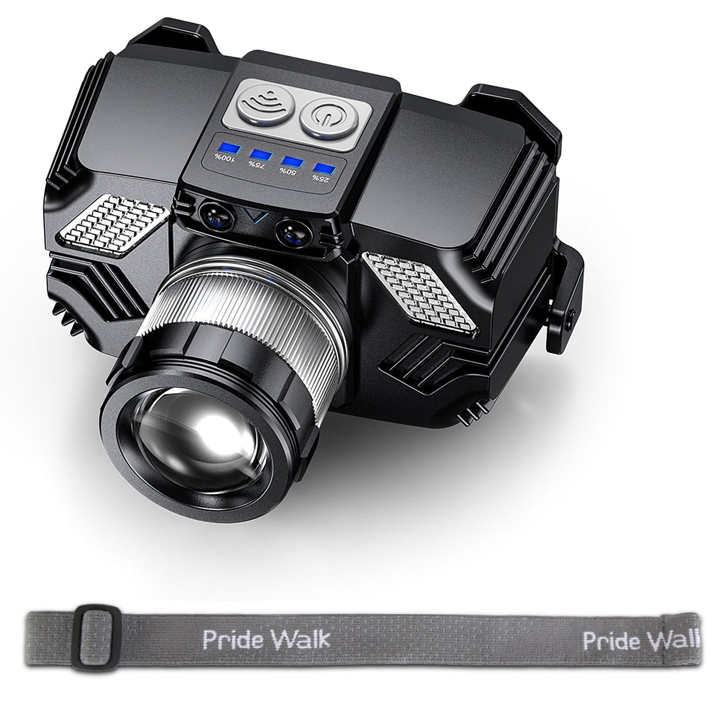 Compact black camera with advanced controls and a prominent lens, accompanied by a gray Pride Walk strap for easy handling.