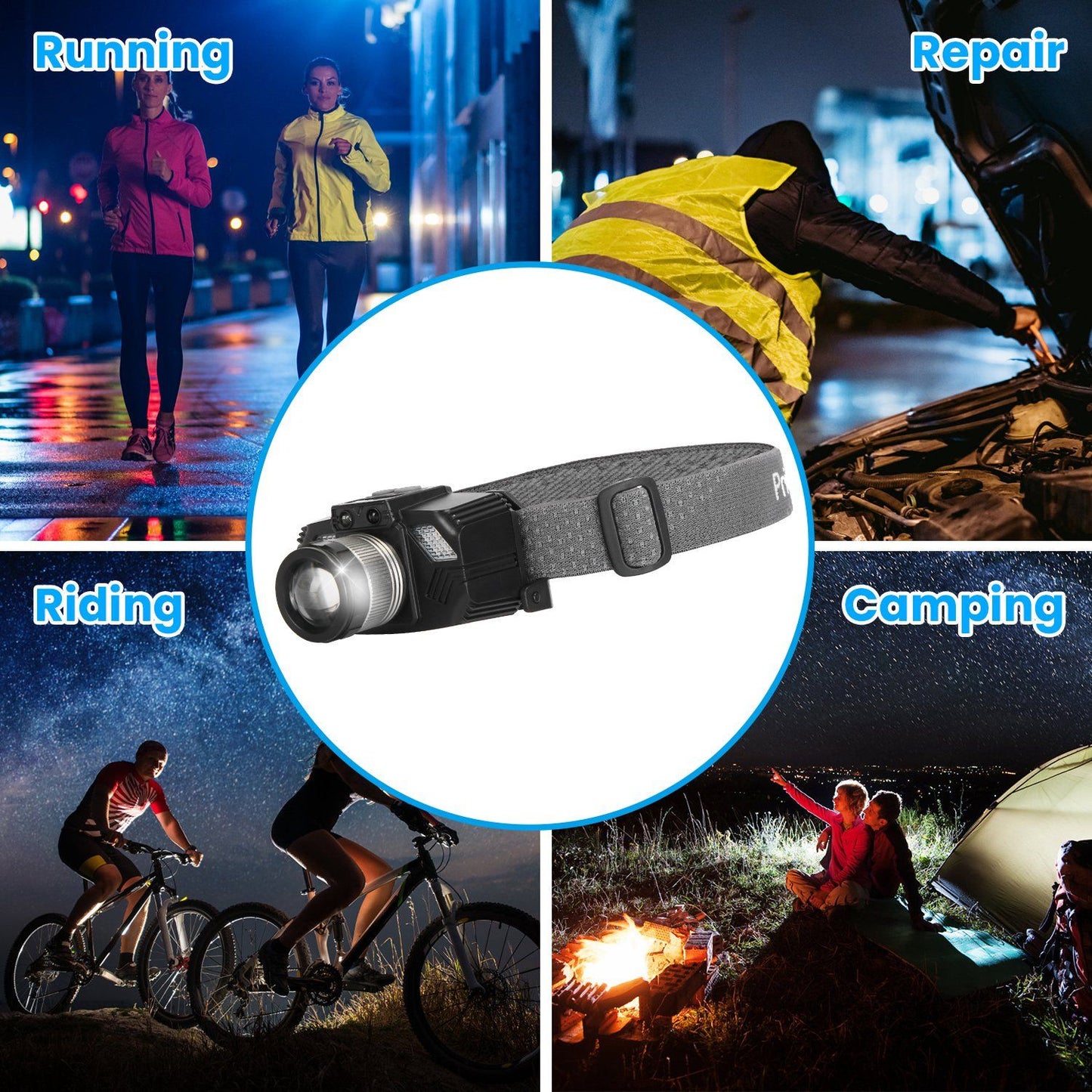 LED headlamp for outdoor activities like running, biking, camping, and repairs, featuring adjustable strap and bright illumination.