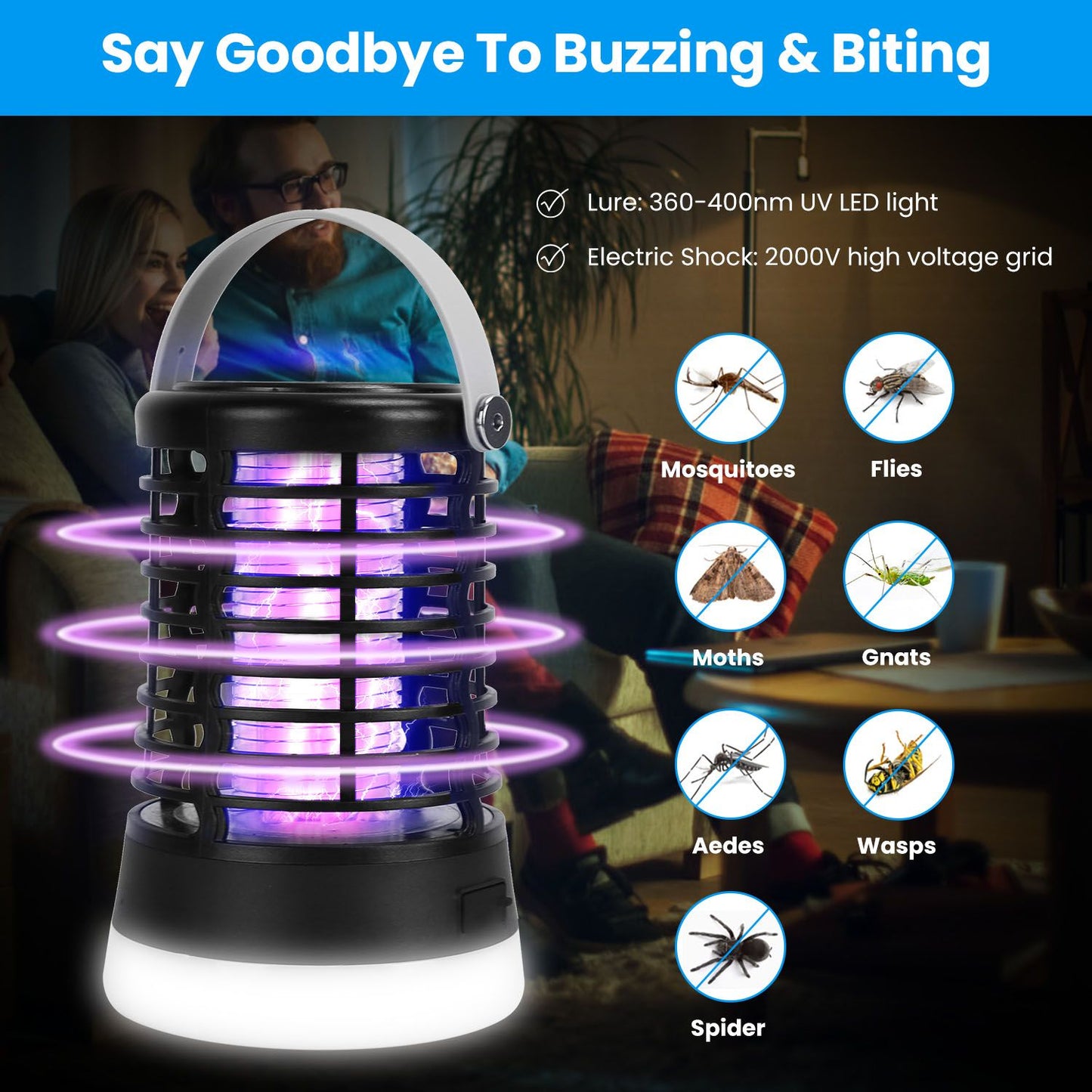 UV LED mosquito and insect trap with a 2000V electric shock, designed to attract and eliminate flies, moths, gnats, Aedes, wasps, and spiders, ideal for home use.