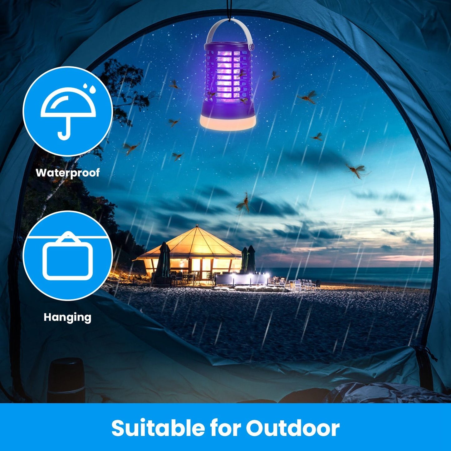Outdoor waterproof hanging insect trap lantern glowing in a tent with a beach and rainy night scene in the background.
