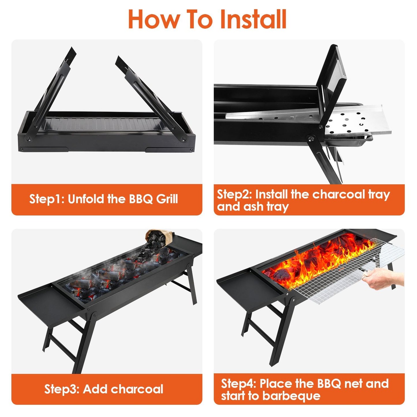 Step-by-step guide showing how to install a portable BBQ grill, including unfolding the grill, installing the charcoal and ash trays, adding charcoal, and placing the BBQ net for cooking.