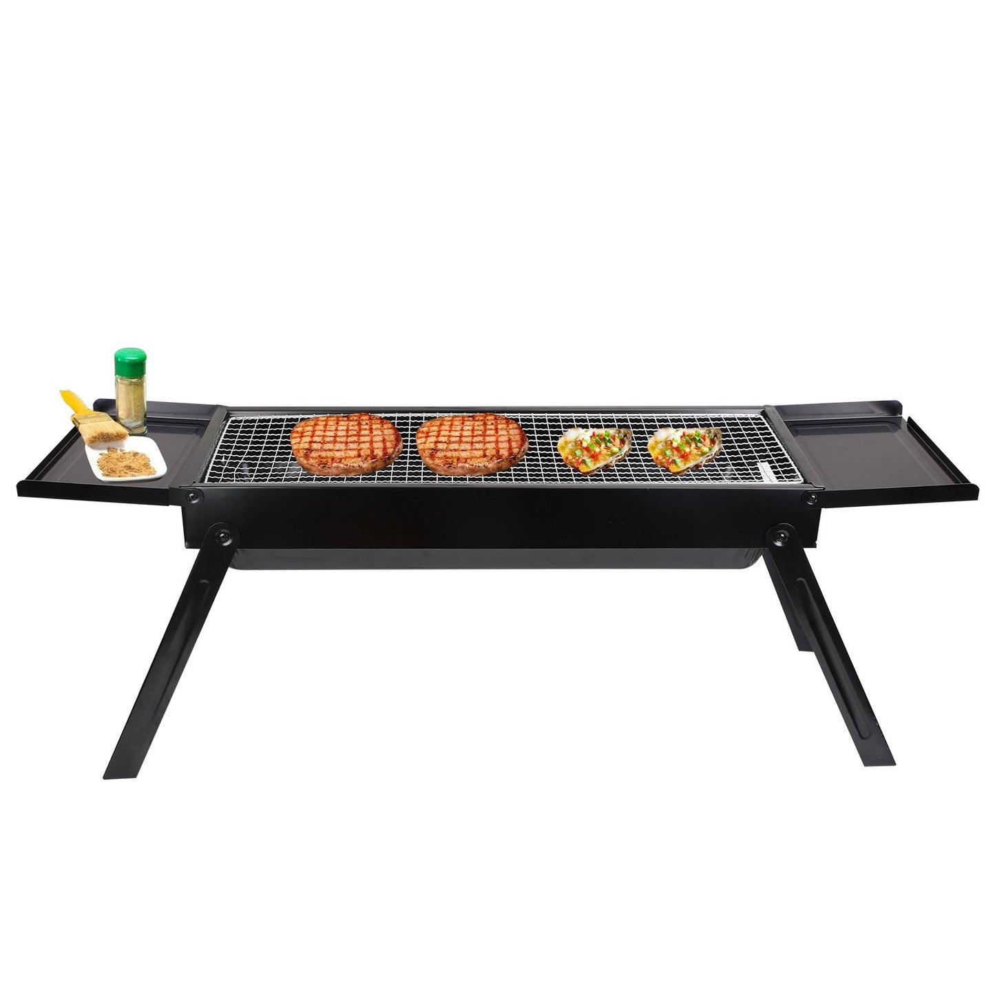 Portable outdoor grill with two grilled burgers, vegetable skewers, and a seasoning jar on the side, perfect for backyard barbecues.