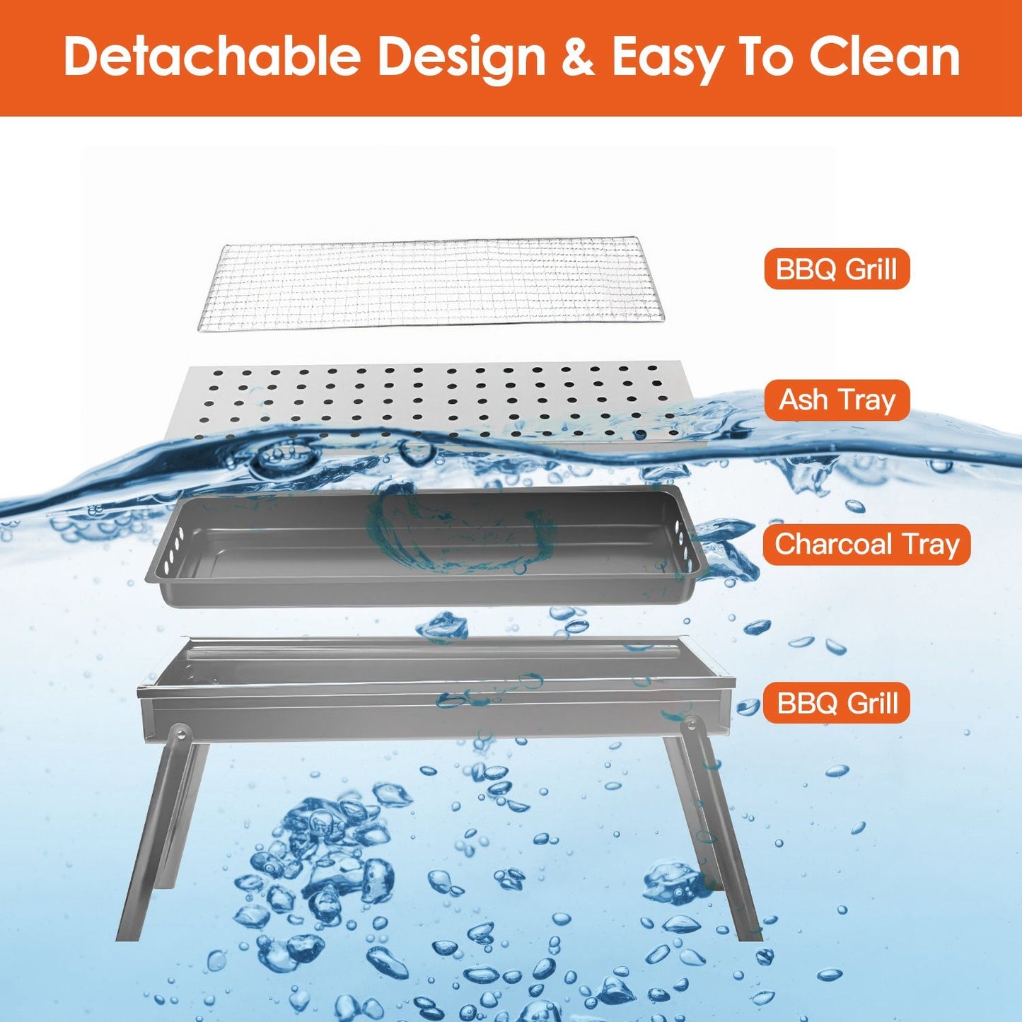 Detachable BBQ grill set showcasing grill grate, ash tray, and charcoal tray with a water background, emphasizing easy cleaning and assembly.