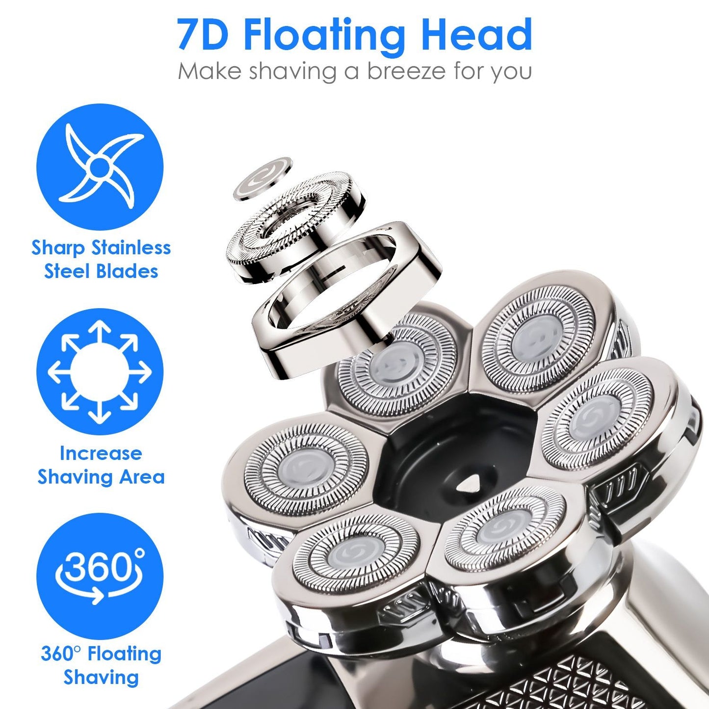 7D floating head razor with sharp stainless steel blades for enhanced shaving efficiency and 360° mobility.