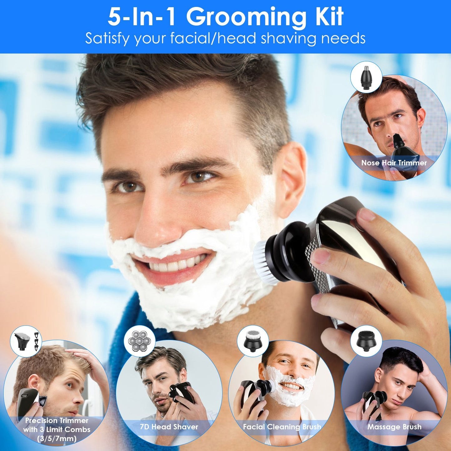 5-in-1 grooming kit featuring a 7D head shaver, facial cleaning brush, nose hair trimmer, massage brush, and three precision combs for versatile facial and head shaving needs.
