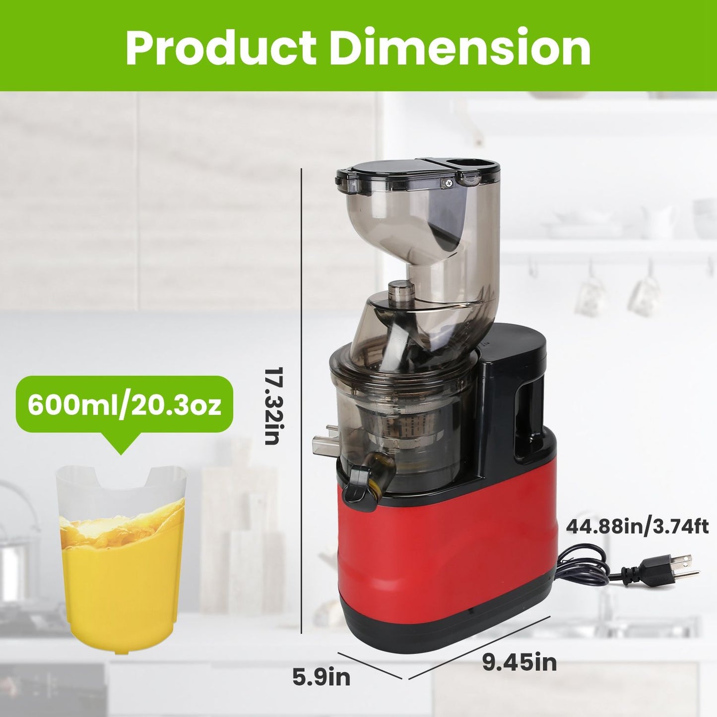 Product image of a red and black juice extractor with a 600ml capacity, showing dimensions of 17.32 inches height, 5.9 inches width, and 9.45 inches depth, featured in a kitchen setting.