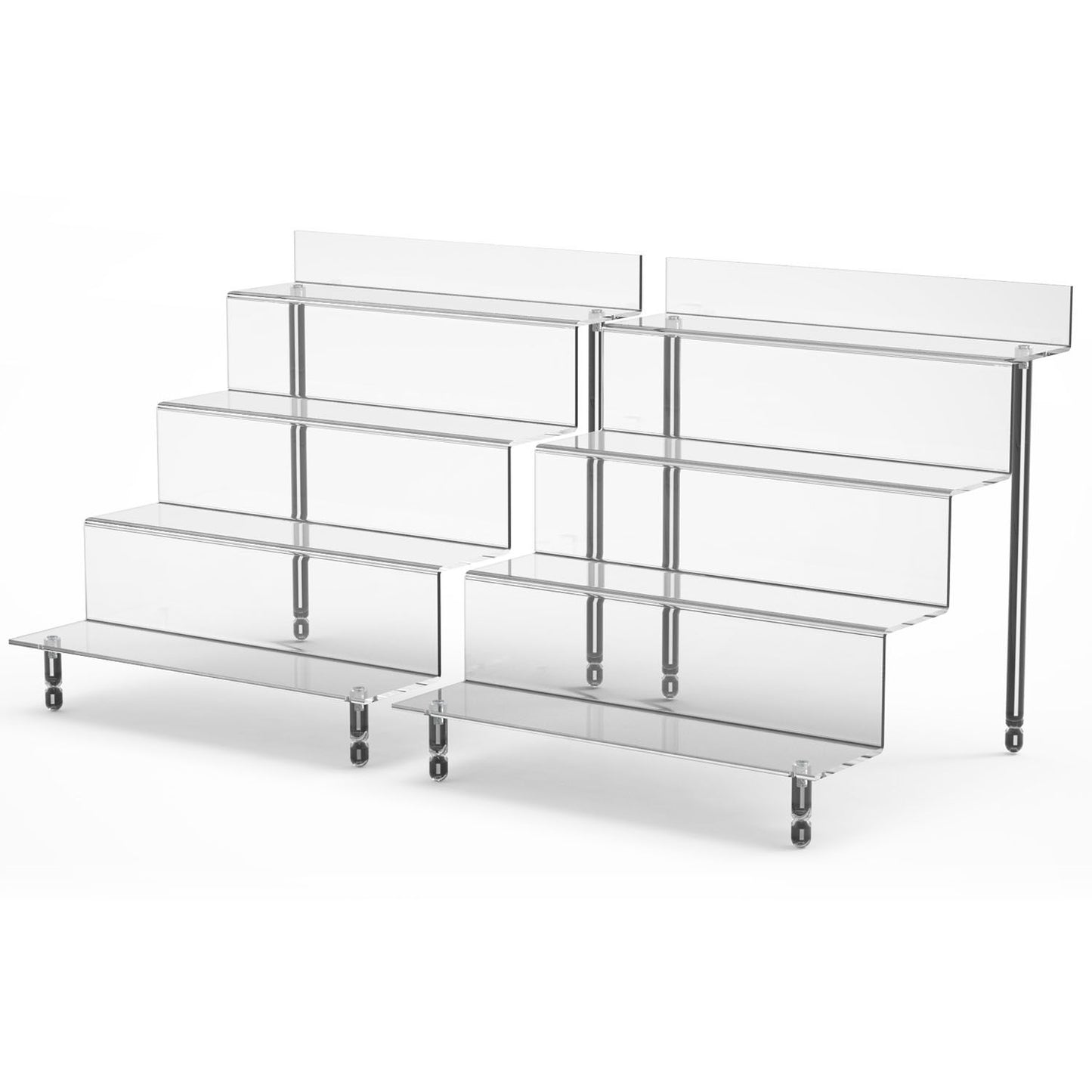 Clear acrylic display riser with multiple tiers and wheels for easy mobility, ideal for showcasing products in retail or home settings.