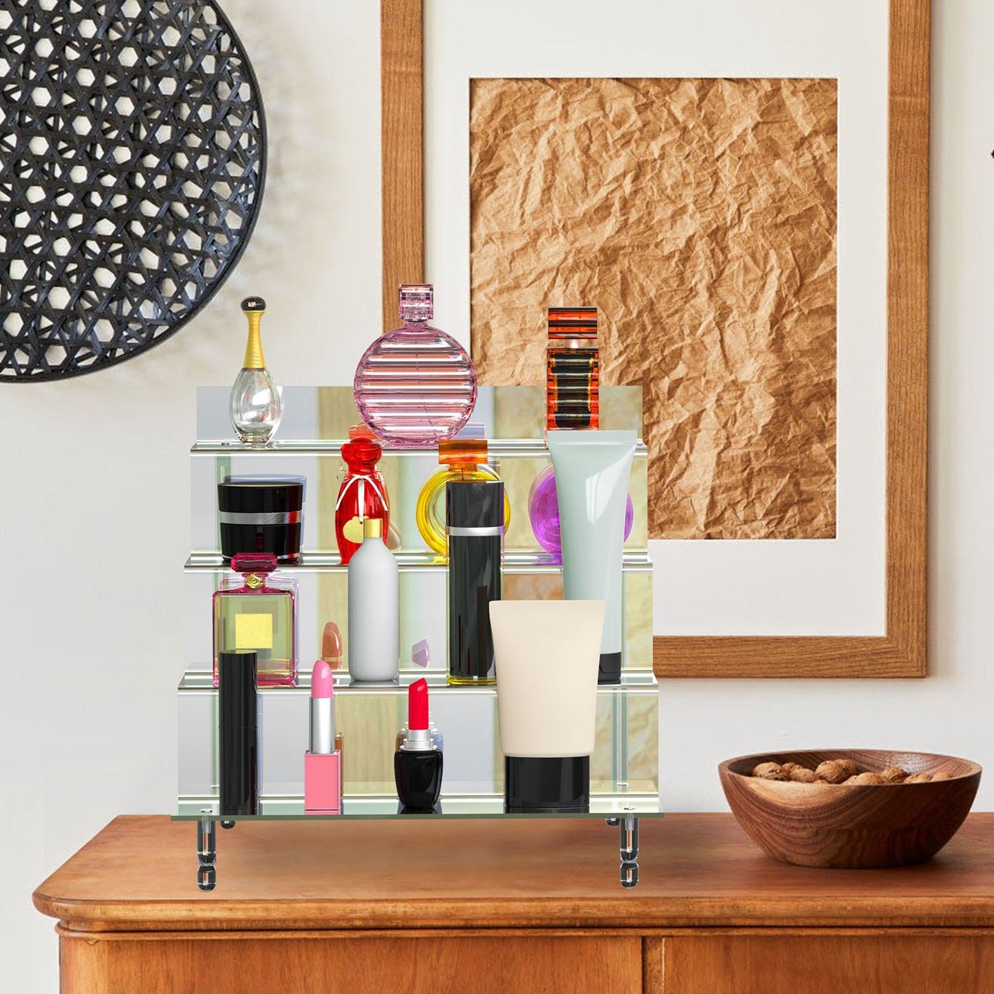 A modern beauty display shelf showcasing a variety of colorful perfume bottles and cosmetics, placed on a wooden table with decorative wall art in the background.
