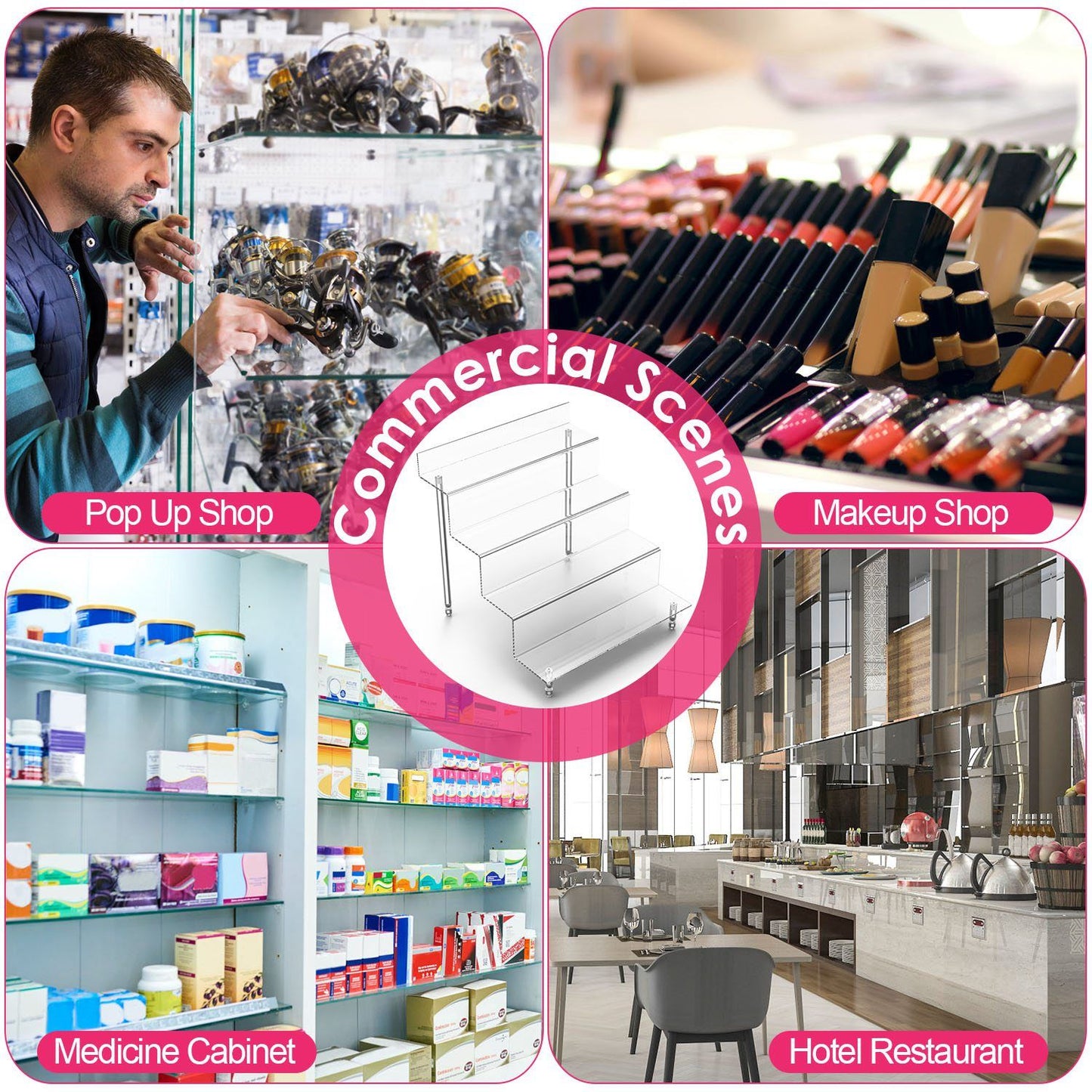 Image showcasing versatile display options for commercial settings, featuring sections for a pop-up shop, makeup shop, medicine cabinet, and hotel restaurant, highlighting the various uses of acrylic display stands.