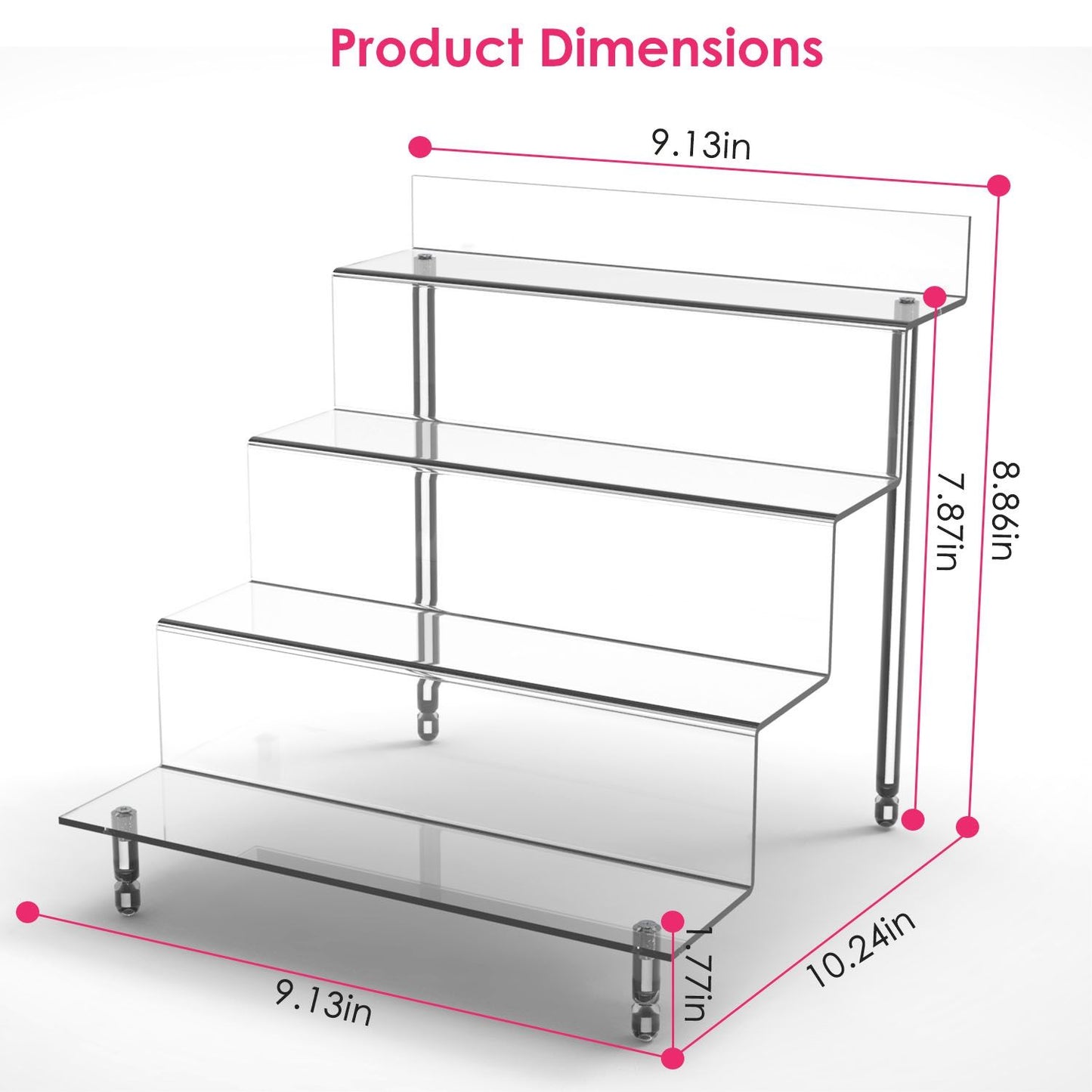 Clear acrylic display riser with three tiers showcasing dimensions: 9.13in width, 8.86in height, and variable depth. Ideal for showcasing products or decor.