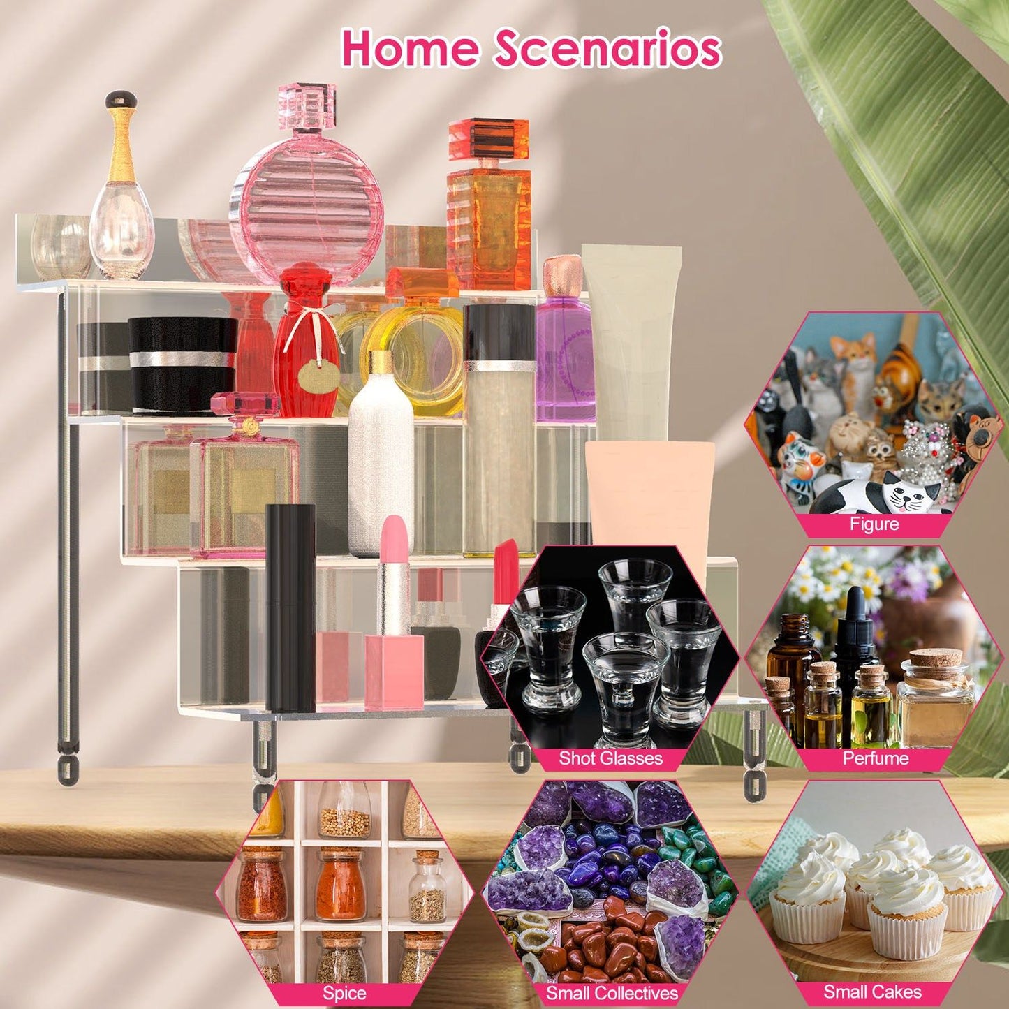 Colorful array of various perfumes, cosmetics, and decorative collectibles displayed on a stylish organizer, illustrating versatile home scenarios for storage and decoration.
