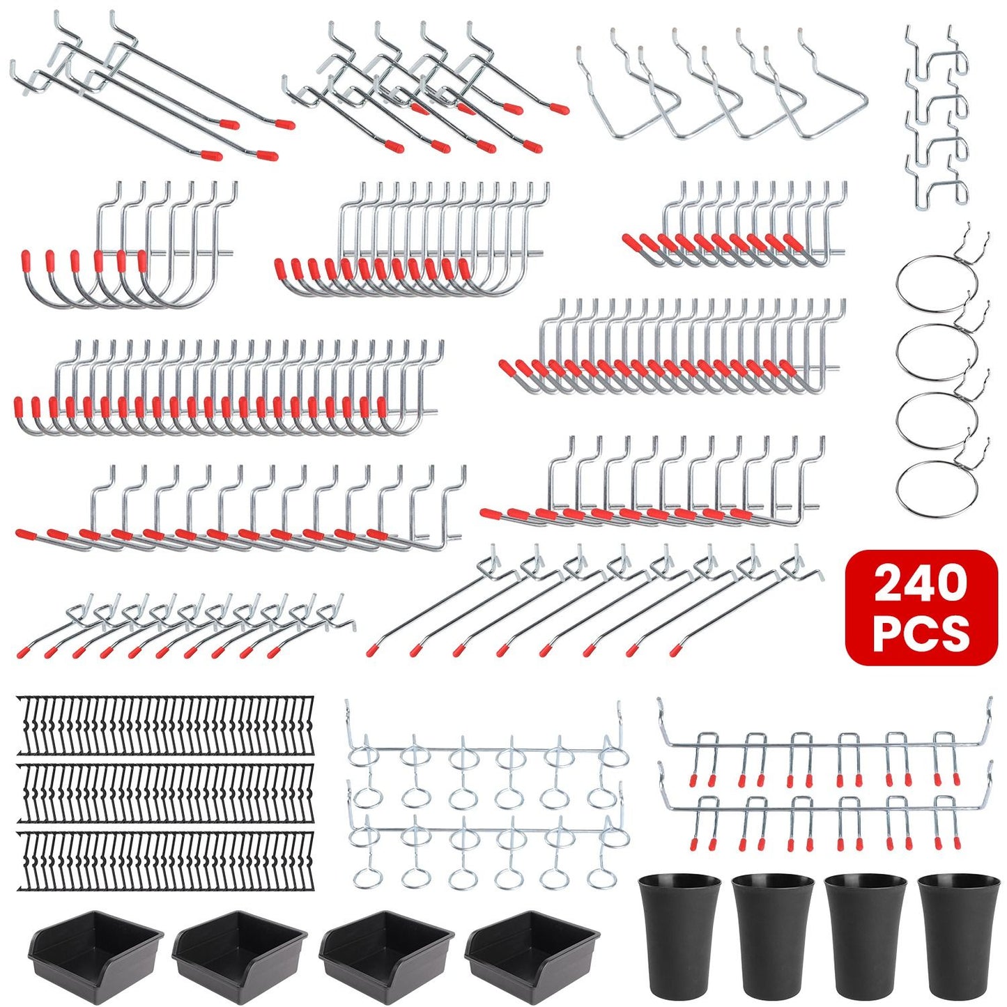 240-piece garage organization kit featuring various hooks, shelves, and storage bins in silver and black, designed for efficient tool and equipment storage.