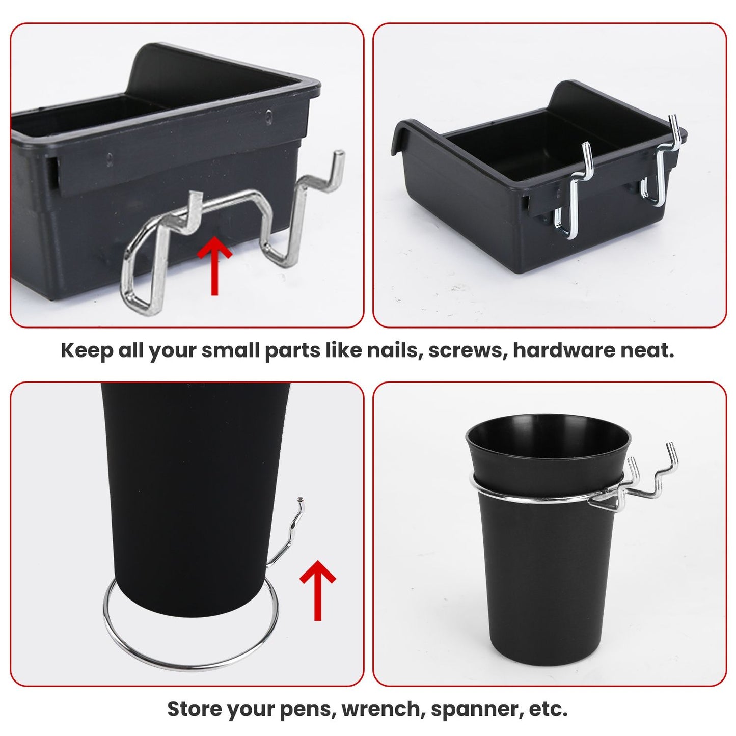 Multipurpose black storage bin with metal hooks, ideal for organizing small hardware like nails and screws, as well as tools and pens.