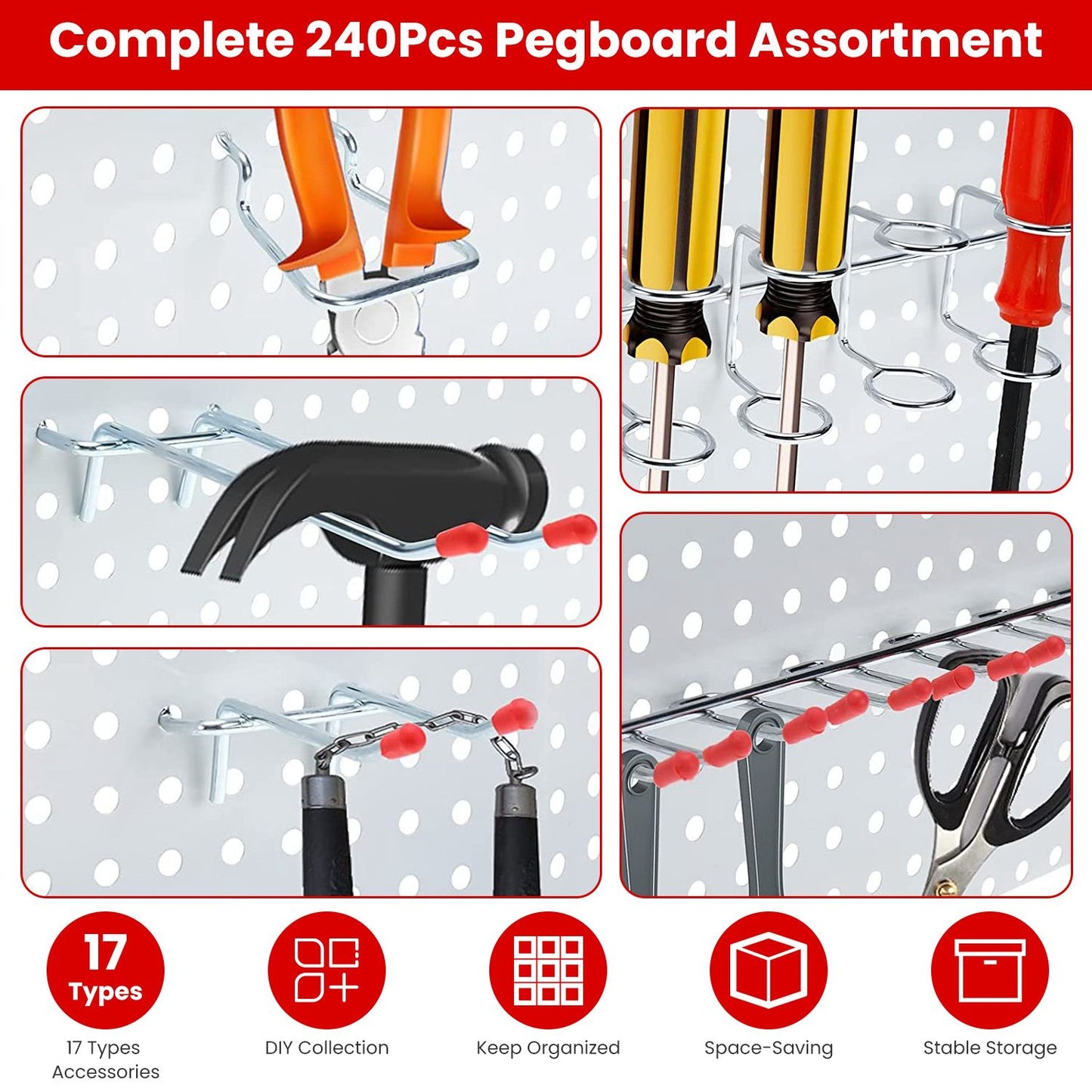 Alt tag: "Complete 240-piece pegboard assortment featuring diverse tools and accessories for organized storage, including hammers, screwdrivers, and scissors, displayed on a perforated pegboard."