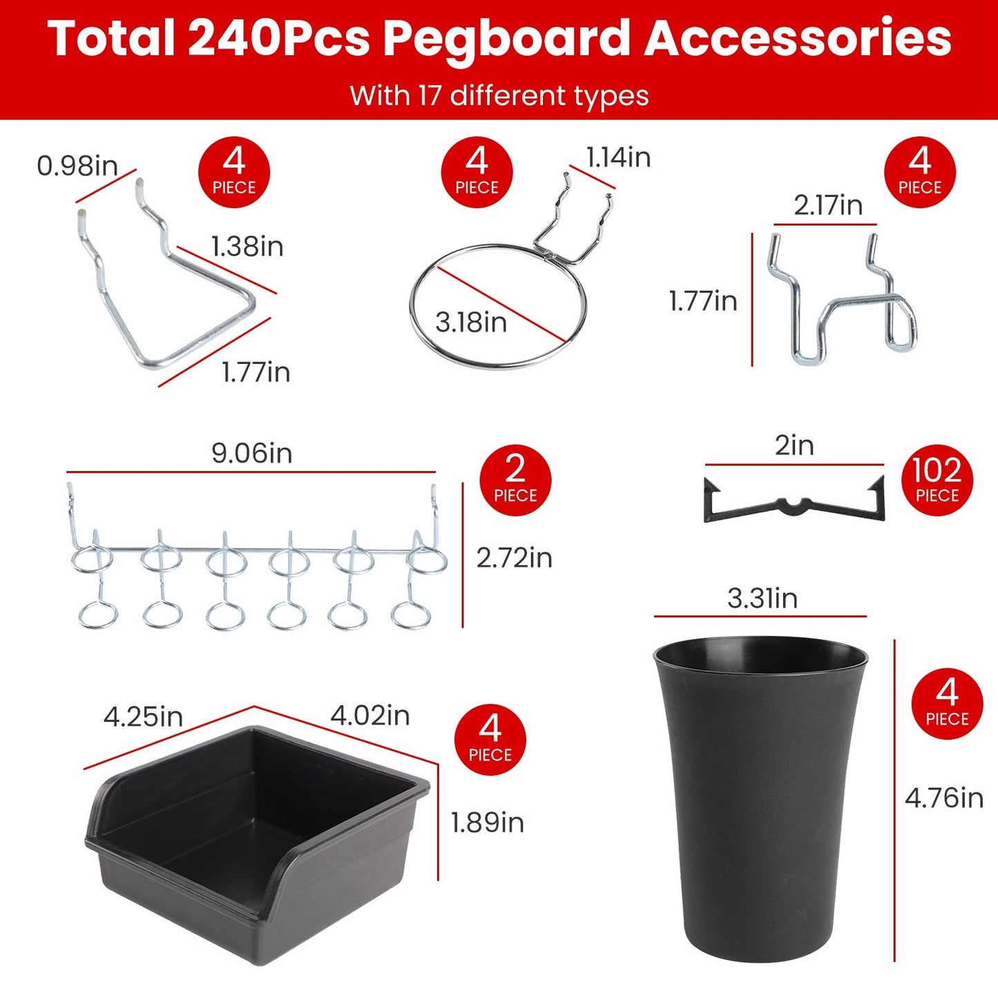 240-piece pegboard accessory kit featuring 17 types, including hooks, bins, and organizers, ideal for storage and organization, with sizes ranging from 0.98 to 9.06 inches.
