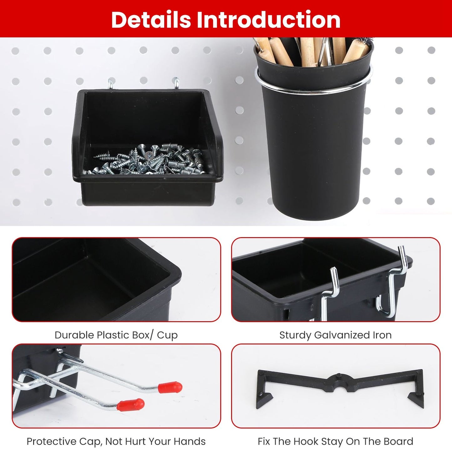 Black plastic storage box with galvanized iron hooks and a cylindrical cup for pens, featuring screws inside, mounted on a pegboard for organization.