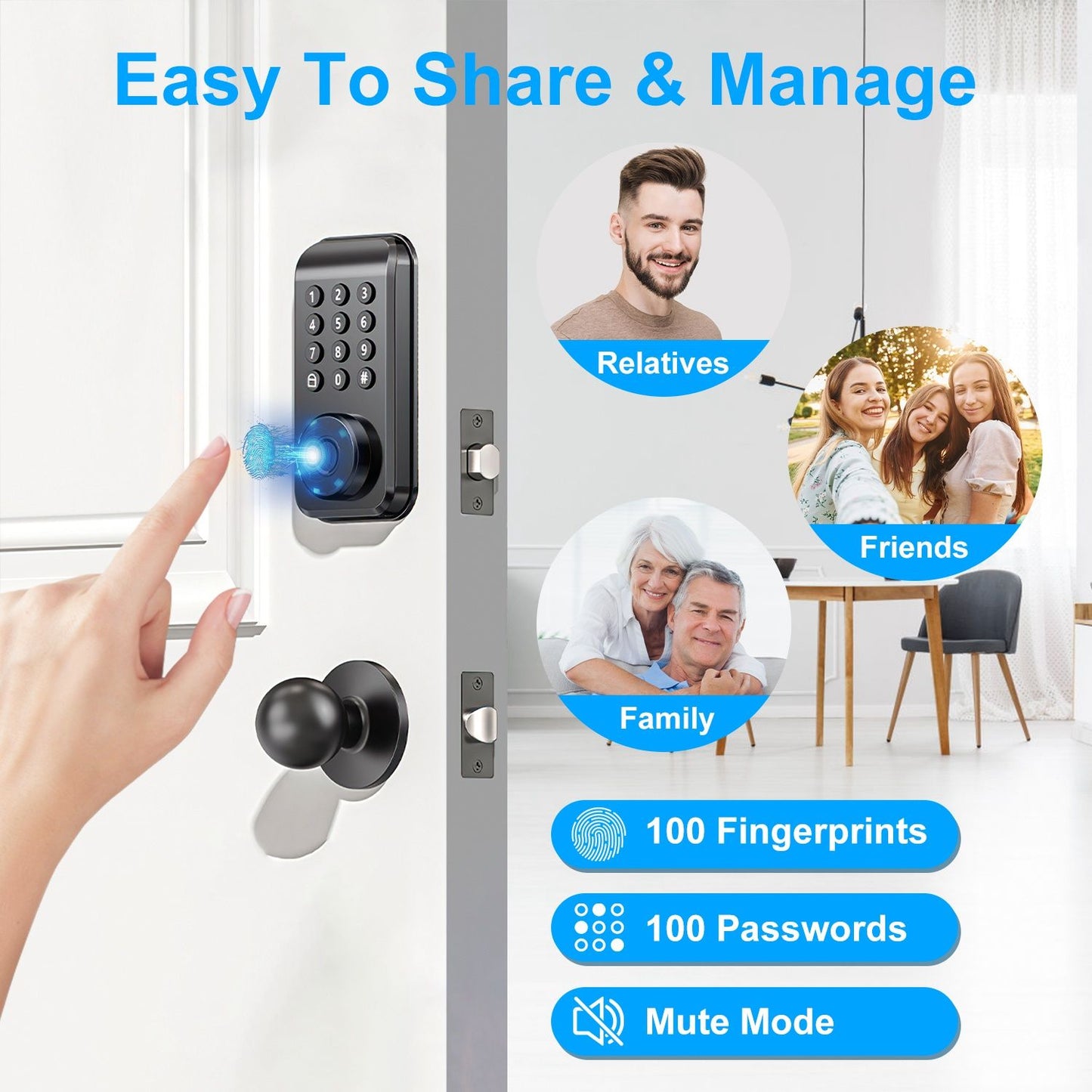 Smart electronic door lock with fingerprint and keypad access showcasing features for sharing with family, friends, and relatives; includes options for 100 fingerprints and 100 passwords, mounted on a modern door.