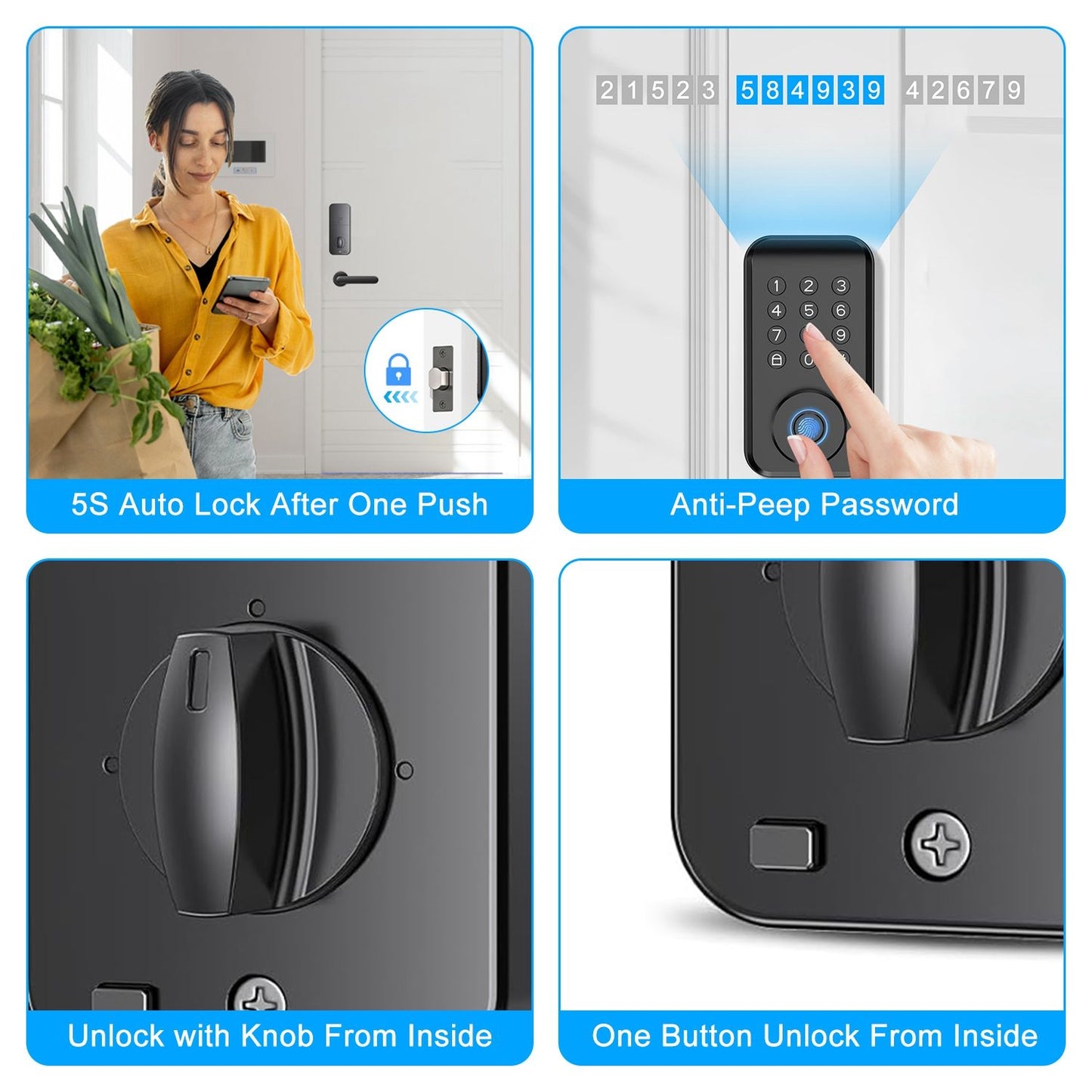 Image of a smart door lock showcasing features like 5-second auto lock, anti-peep password entry, interior knob for unlocking, and one-button unlock functionality.