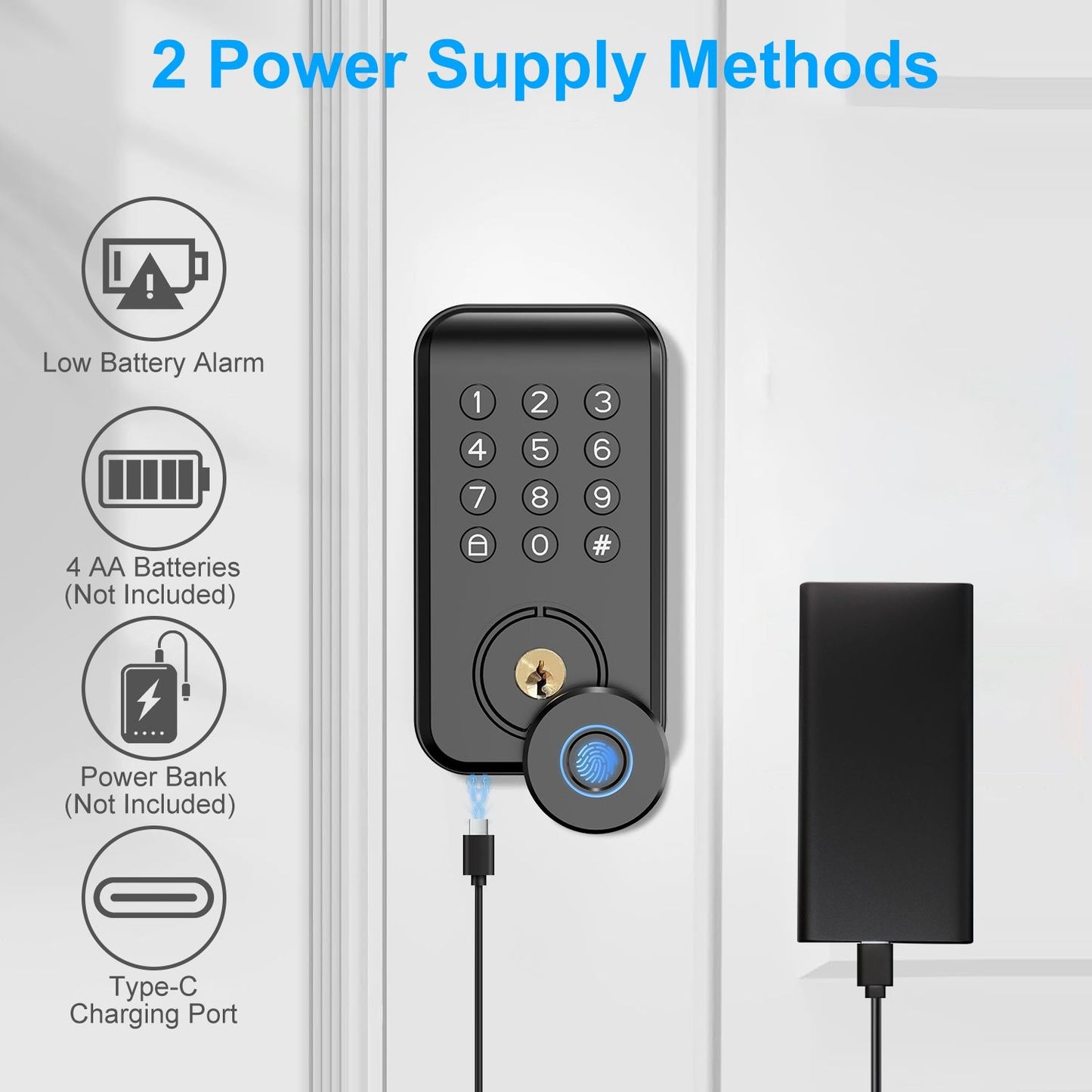 Smart electronic door lock with keypad, featuring low battery alarm, powered by 4 AA batteries or a power bank via Type-C charging port.