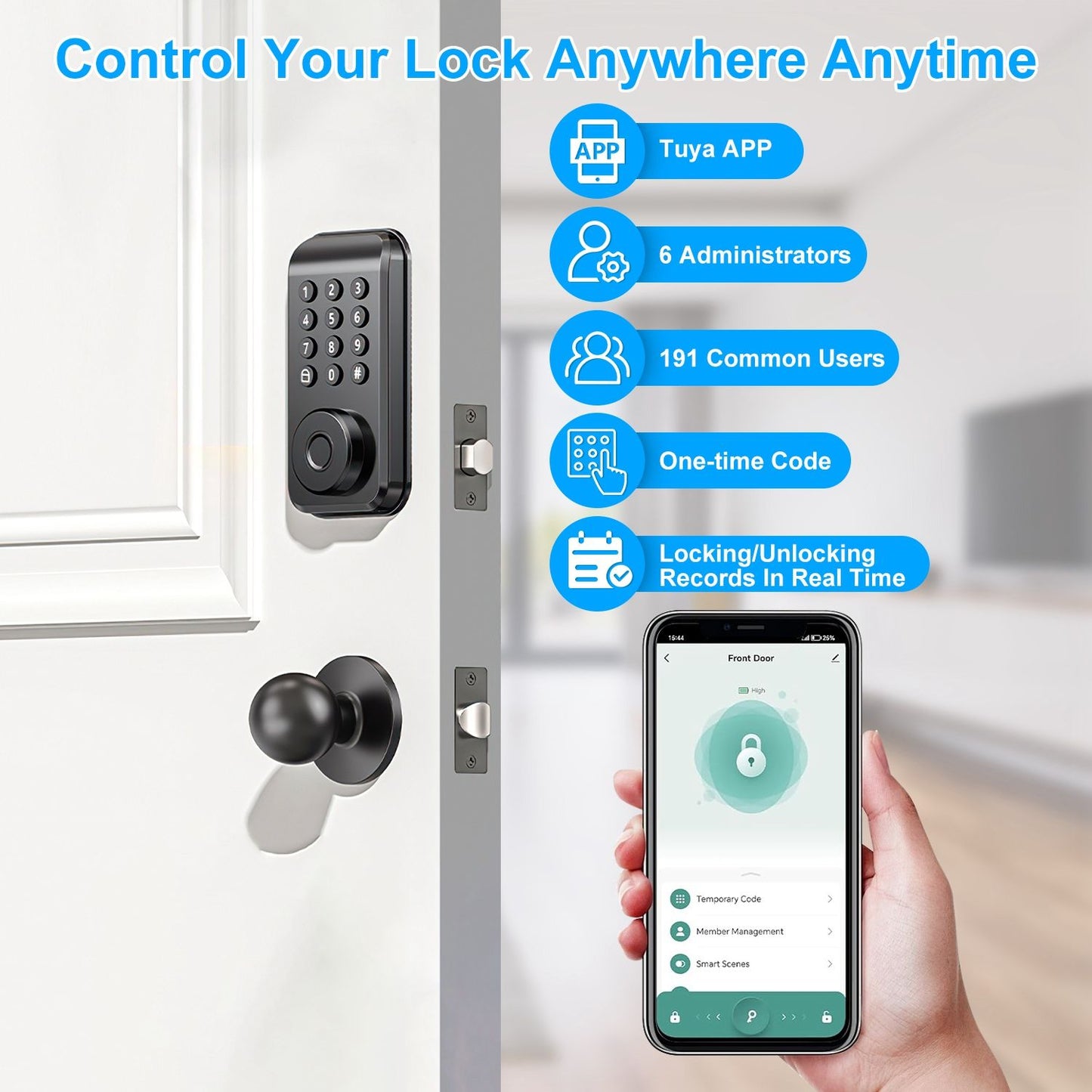 Smart digital door lock with keypad and mobile app control, featuring options for multiple users and real-time unlocking records.