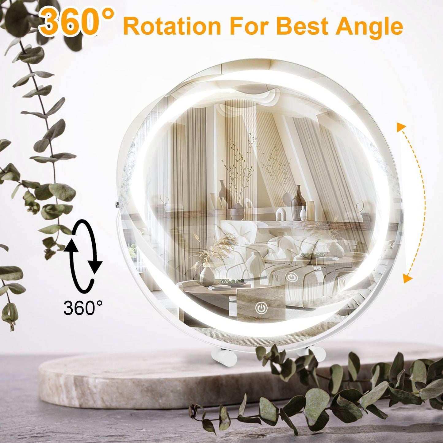 360° rotating illuminated mirror, designed for optimal viewing angles, showcasing a stylish living room with elegant decor and plants.