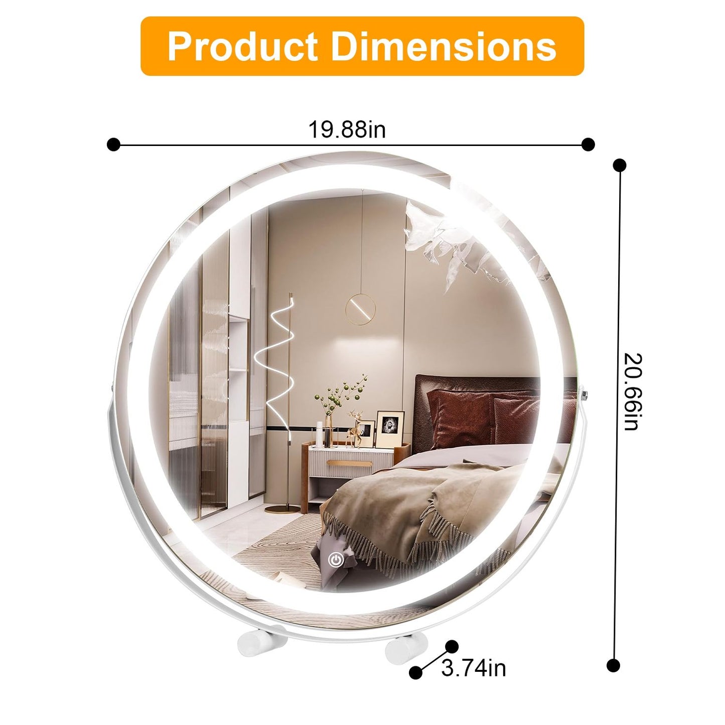 Modern round LED mirror with dimensions of 19.88 inches wide and 20.66 inches high, featuring a stylish design perfect for home decor.