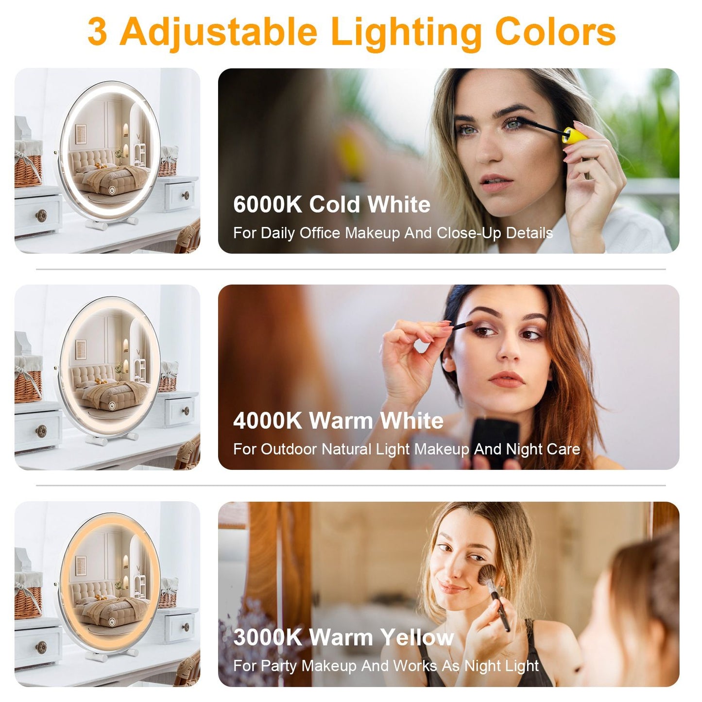 Image of a makeup mirror showcasing three adjustable lighting settings: 6000K cold white for office use, 4000K warm white for natural light makeup, and 3000K warm yellow for party makeup and night care.