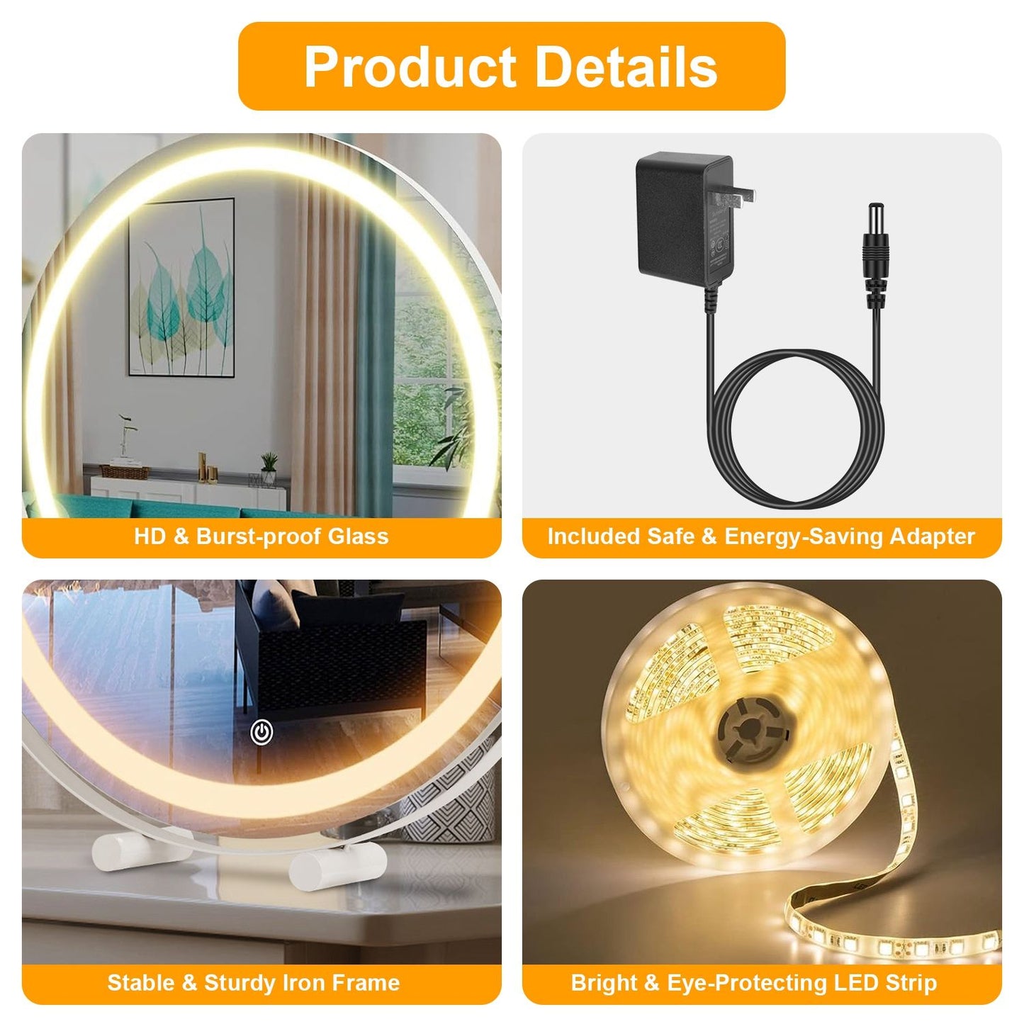Image showcasing a modern LED mirror lamp featuring high-definition burst-proof glass, a sturdy iron frame, and an included energy-saving adapter, with a bright, eye-protecting LED strip rolled alongside for enhanced illumination.