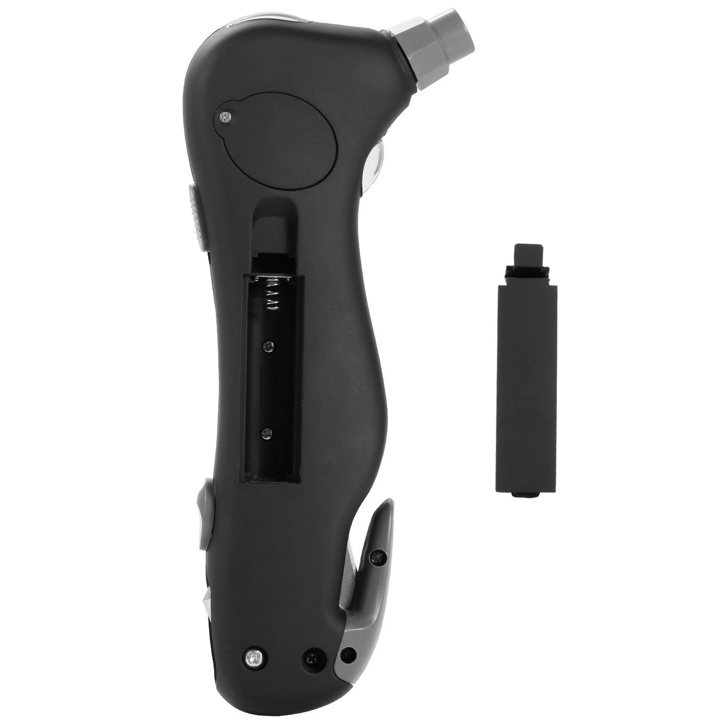Black ergonomic tire pressure gauge with detachable connection tool, designed for accurate tire inflation and monitoring.