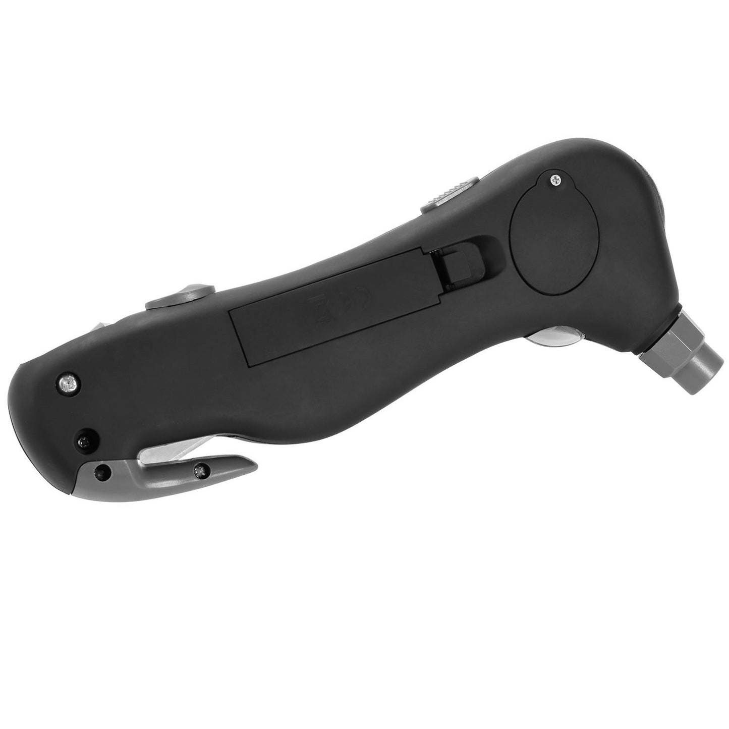 Compact ergonomic black utility knife with safety features and a retractable blade.