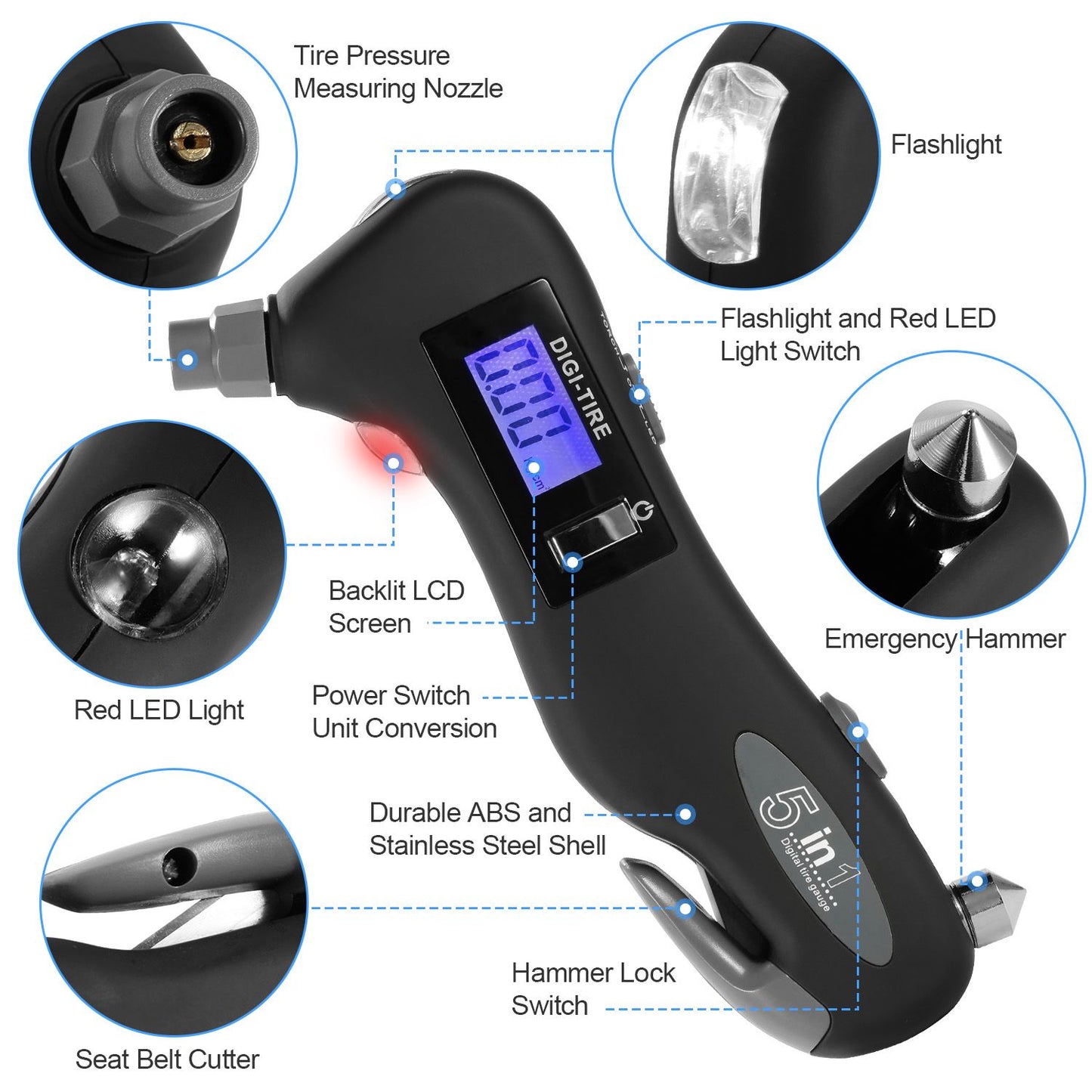 5-in-1 multifunctional emergency tool featuring a tire pressure measuring nozzle, flashlight, backlit LCD screen, red LED light, seat belt cutter, and emergency hammer with durable ABS and stainless steel construction.