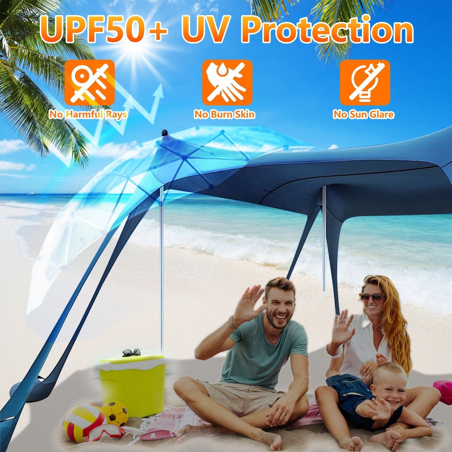 Family enjoying a day at the beach under a UPF 50+ UV protection tent, shielded from harmful rays, with toys and a cooler nearby.