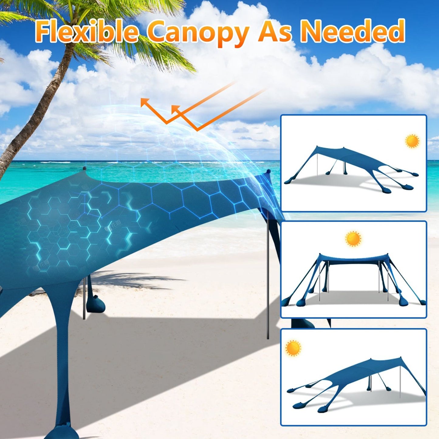 Flexible outdoor canopy design displayed on a sunny beach, featuring adjustable shades shown in three positions for sun protection and comfort.