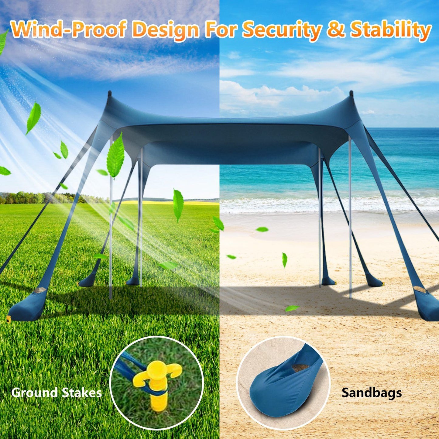 Wind-proof outdoor canopy shelter with ground stakes and sandbags for stability, set against grass and beach backgrounds.